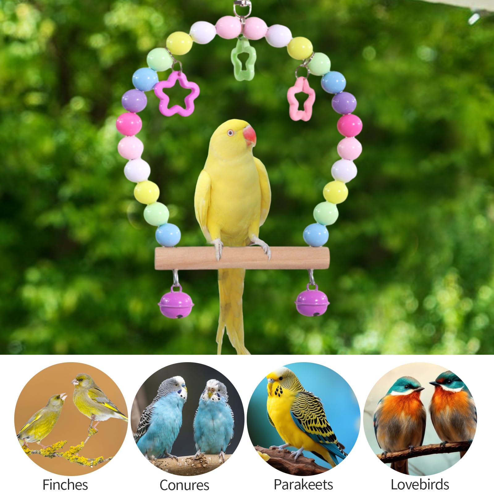 Altalena per uccelli in legno, multicolore, altalena da appendere in piedi, giocattolo per gabbia per uccelli in legno con campanella, altalena da appendere per pappagalli, pappagalli e uccelli