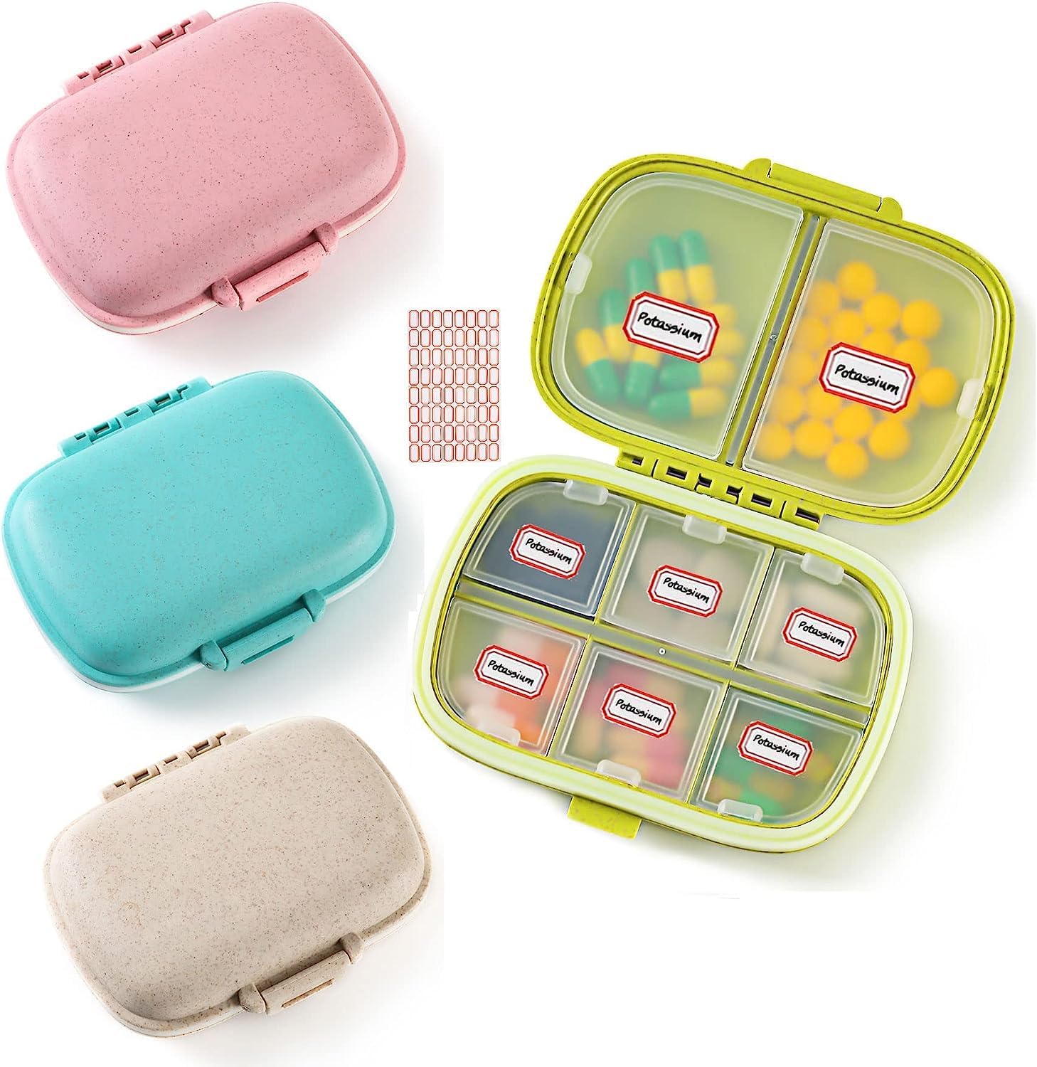 4 Pack Pill Organizer - Travel Pill Box with Label, 8 Compartment Daily Pill Case for Pocket Purse, Medicine Case, Waterproof Portable Pill Supplement Case, Travel Pill Container to Hold Vitamin