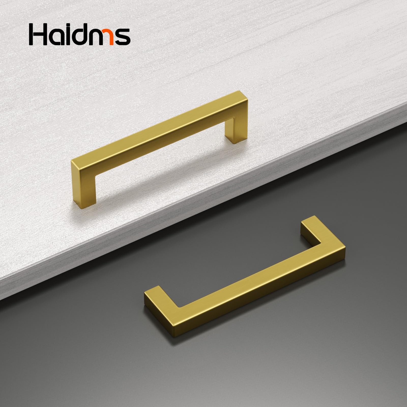 Haidms Confezione da 10 maniglie per armadietti da 10 cm, color oro spazzolato, per cassetti, in acciaio inox, quadrate, moderne, per cucina e bagno