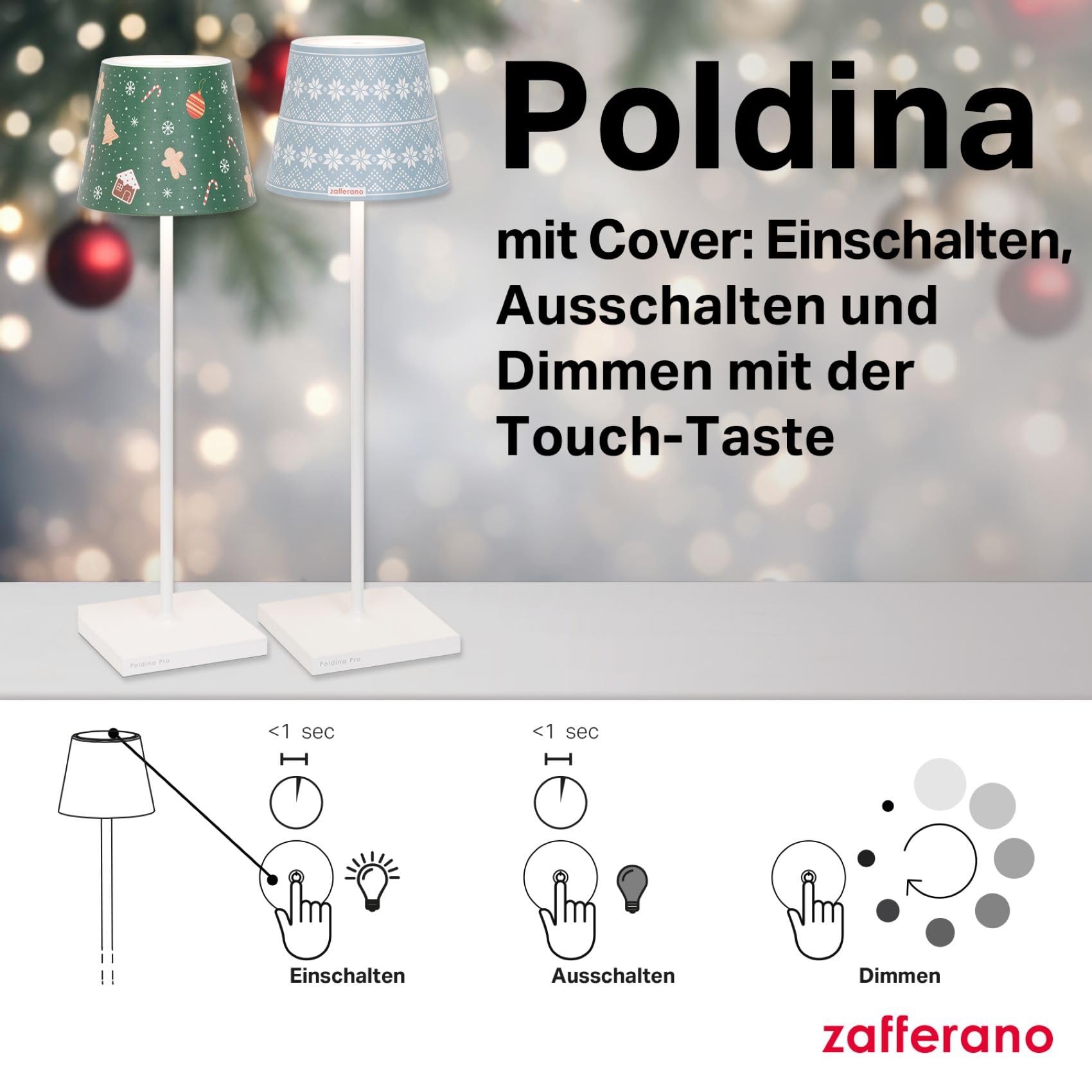 Zafferano, Poldina Pro Lampe mit Cover, Kabellose, Wiederaufladbare Tischlampe mit Touch Control, Auch für den Außenbereich Geeignet, Dimmer, 2200-3000 K, Höhe 38 cm, Weiß - Weihnachts-Süßigkeiten