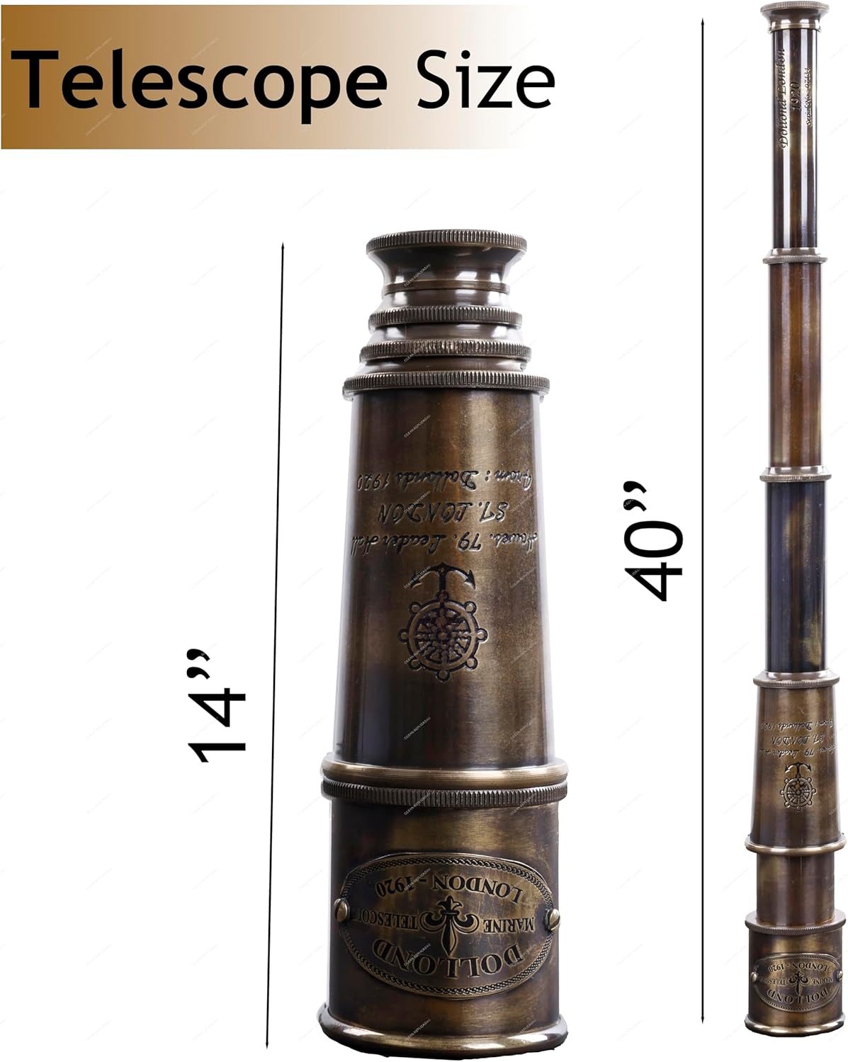 1920 Dollond London Brass Maritime Telescope – 15” Vintage Nautical Spyglass Pirate Telescope Antique Look – Solid Brass Mounted Scope with Wooden Box