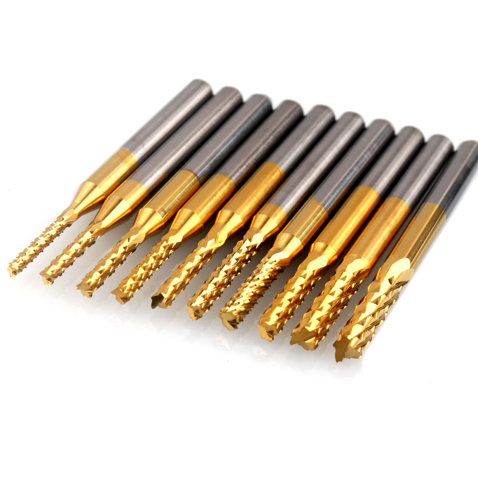 10 Stück Schaftfräser CNC-Fräser-Bits, 1/8 Zoll Schaft Fräswerkzeug Gravur Fräser Schaftfräser, 1,5–3,175 mm Titanbeschichtung CNC-Fräser-Bits