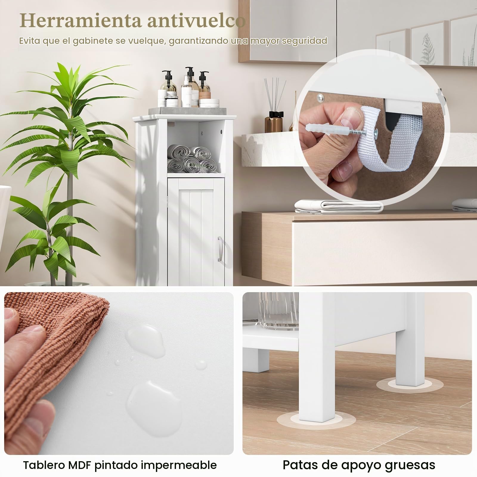 LIFEZEAL Armario de baño, 30 x 30 x 80 cm, Armario de Suelo Independiente con una Puerta y Compartimento Abierto, Estante Ajustable, Mueble de Esquina para baño, salón (Blanco)