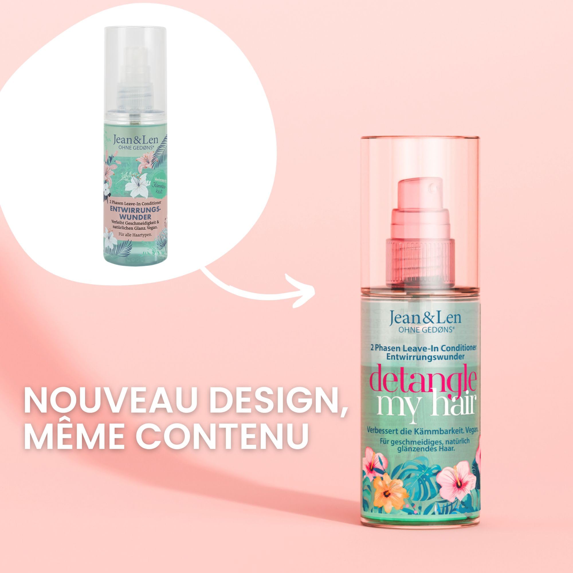 Jean & Len Leave-In Conditioner démêlant biphasé, pour tous types de cheveux, démêle & facilite le coiffage, Detangling Spray, sans silicones & parabènes, végane, 100 ml