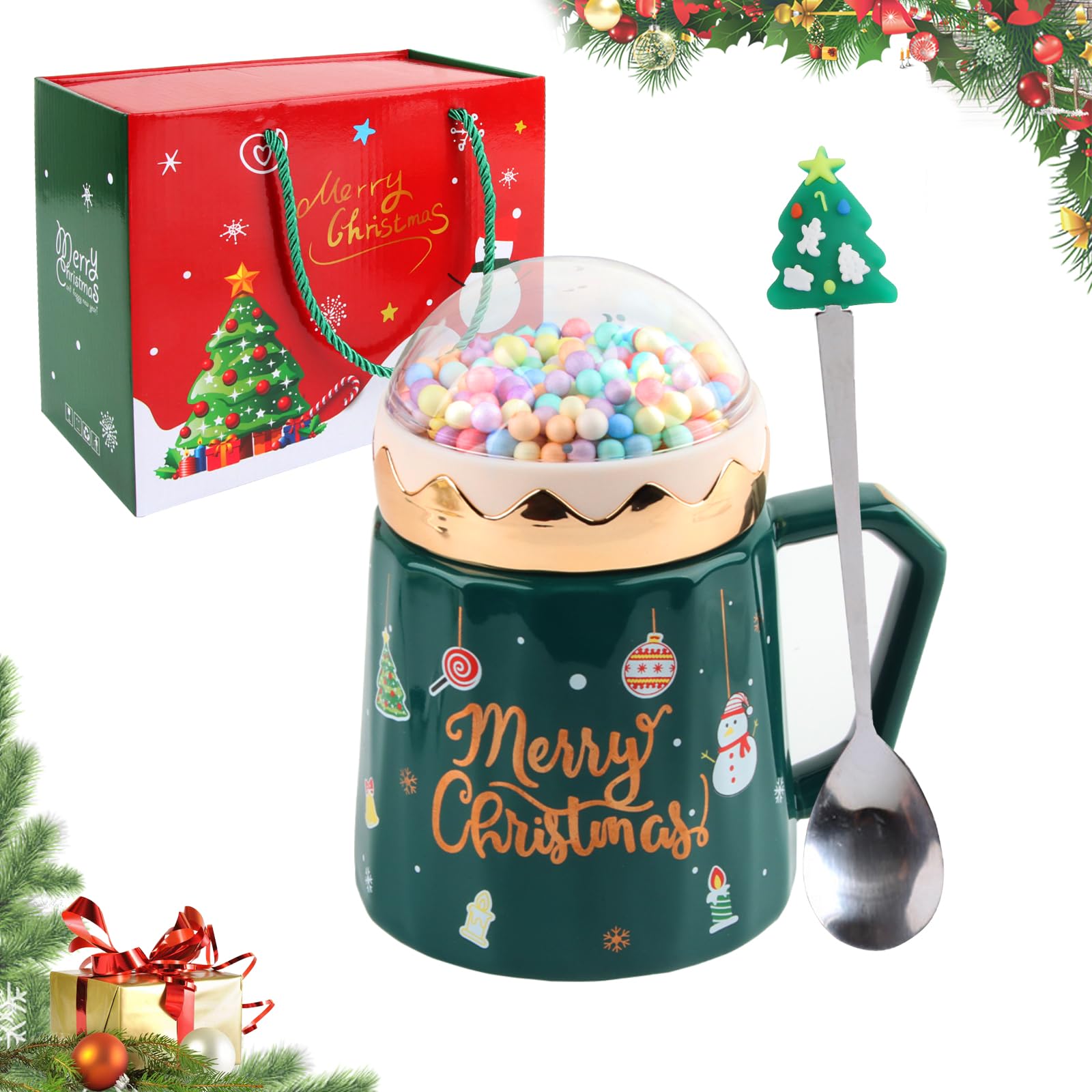Tazza di Natale in ceramica con coperchio e cucchiaio 12 oz/360ml Tazza di caffè natalizia carina Regalo di Natale per donne uomini bambini con confezione regalo