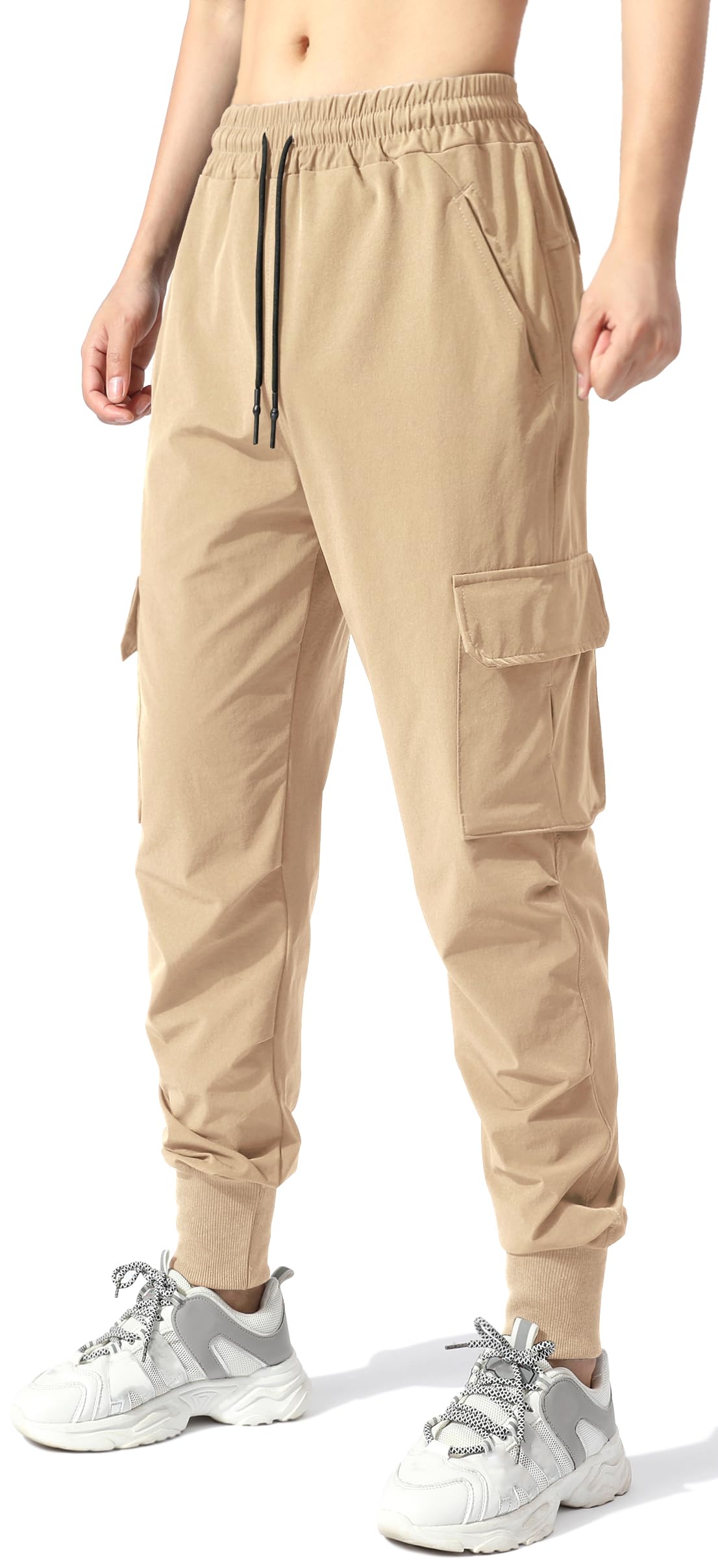 EXEKE Women's Lightweight Hiking Pants Quick Dry Tapered Cargo Joggers Stretch Workout Lounge Pants with Zipper Pockets 292 Khaki-L