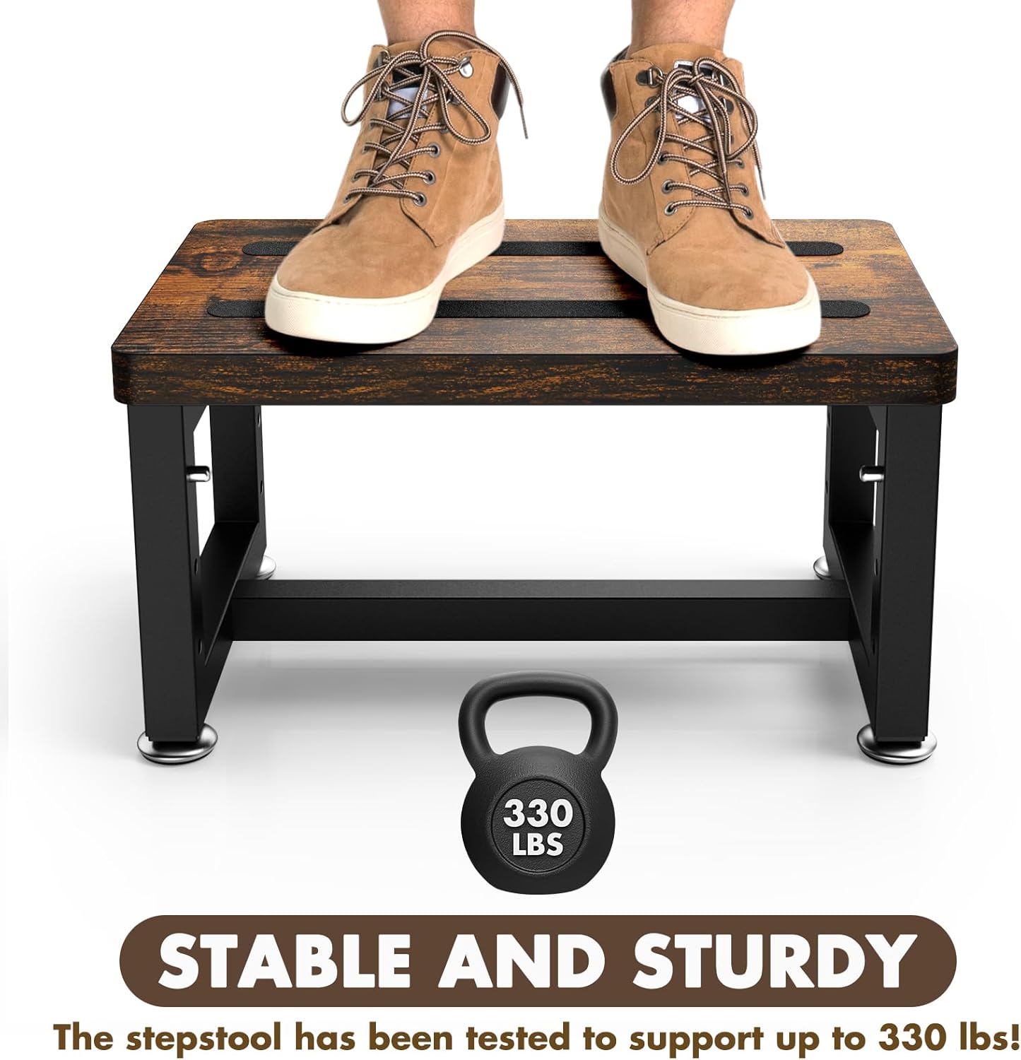 Step Stool, NomNest Height-Adjustable Wooden Step Ladder Metal Foot Stool Small Kitchen Stool Helper for Toddler Adults, Ladder Chair for Home Bedside Bathroom Sink Potty-Black