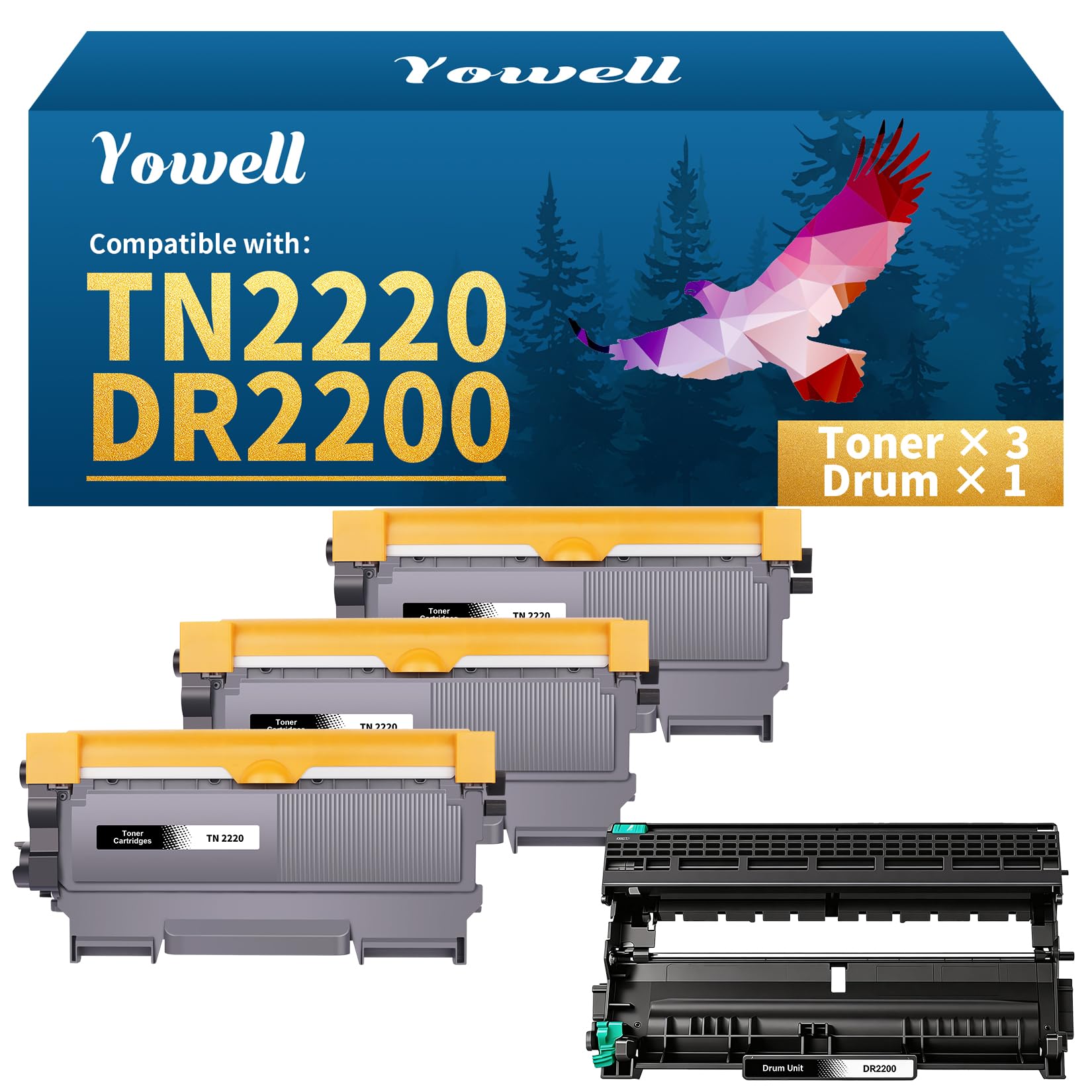 Yowell 3X TN2220 Toner und 1X DR2200 Trommel