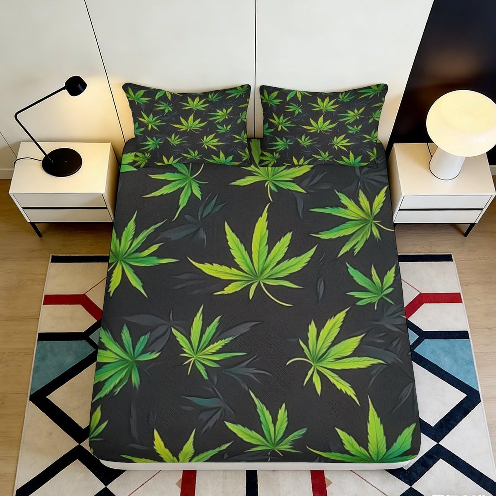 3D Printed Botanical Leaf Fitted Sheet Microfiber Deep Pocket Botanical Leaf Mattress Fitted Cover Non-Slip for Bedroom 180x200x25cm