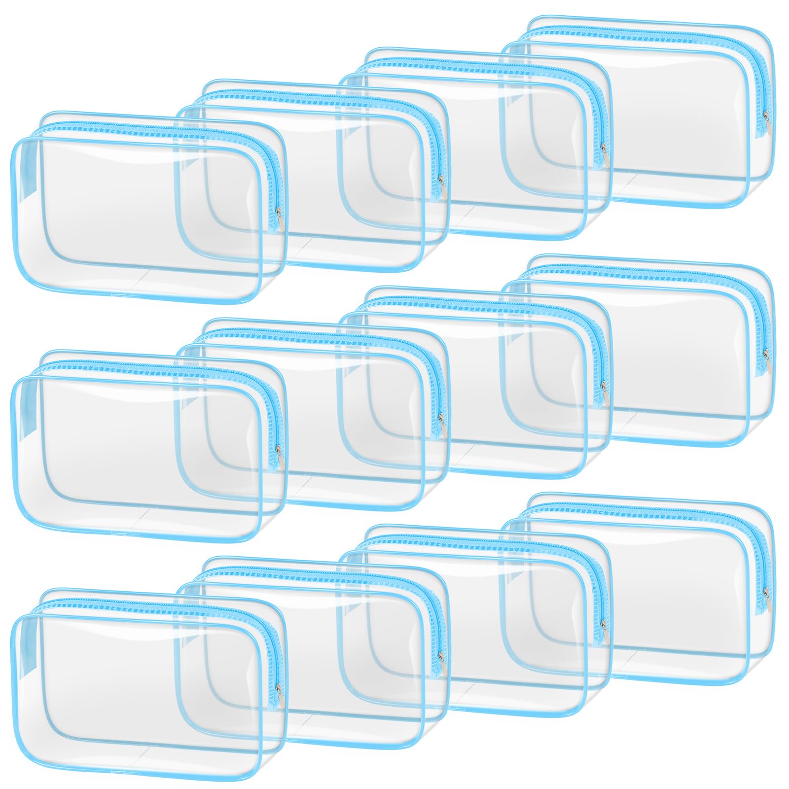 TISRATOK 12 PCS Clear Makeup Bag for Women with Zipper, TSA Approved Toiletry Pouch, Cosmetic Bag Bulk for Travel Organizer Essentials - Blue,Medium