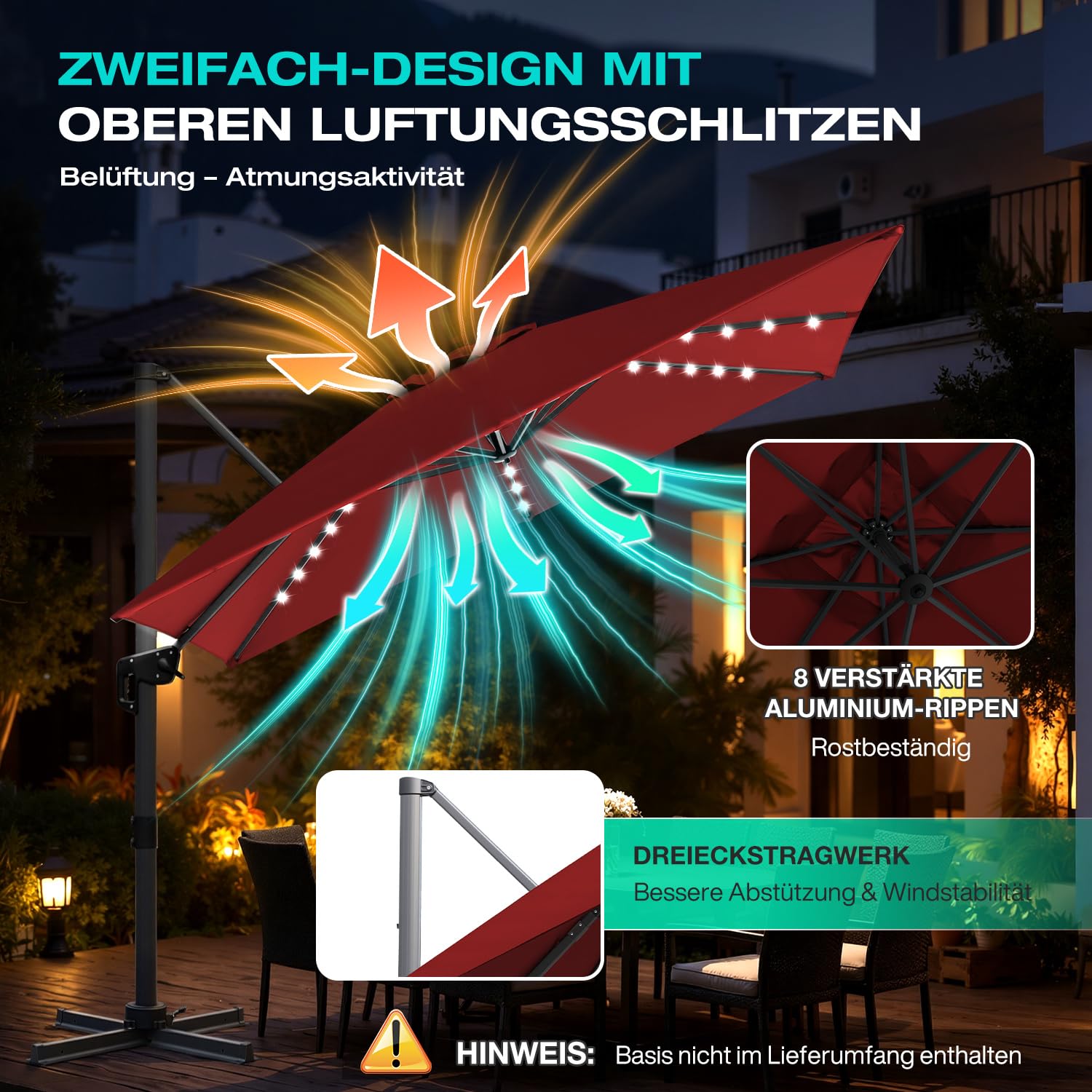 300 x 300 cm Sonnenschirm Ampelschirm Groß Solar LED, Gartenschirm mit Kurbel, 360° drehbar und kippbar, UV50+ Terrassenschirm mit Aluminiumgestell für Garten Terrasse