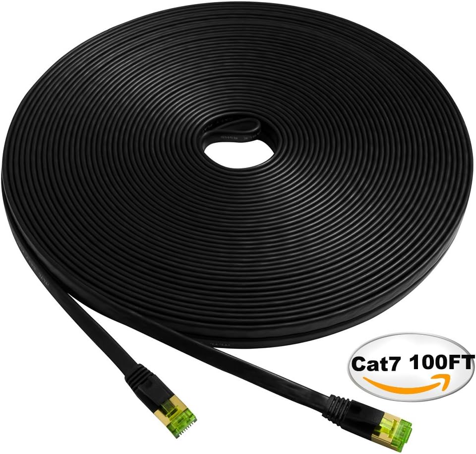 Cat7 STP Ethernet Cable 100ft Flat, iTLTL Shielded Stranded Copper Network Cable Slim Interenet Patch Wire for Modem/ Router/ LAN - 100 feet Black