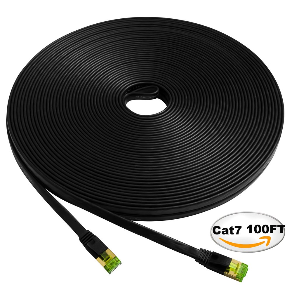 Cat7 STP Ethernet Cable 100ft Flat, iTLTL Shielded Stranded Copper Network Cable Slim Interenet Patch Wire for Modem/ Router/ LAN - 100 feet Black