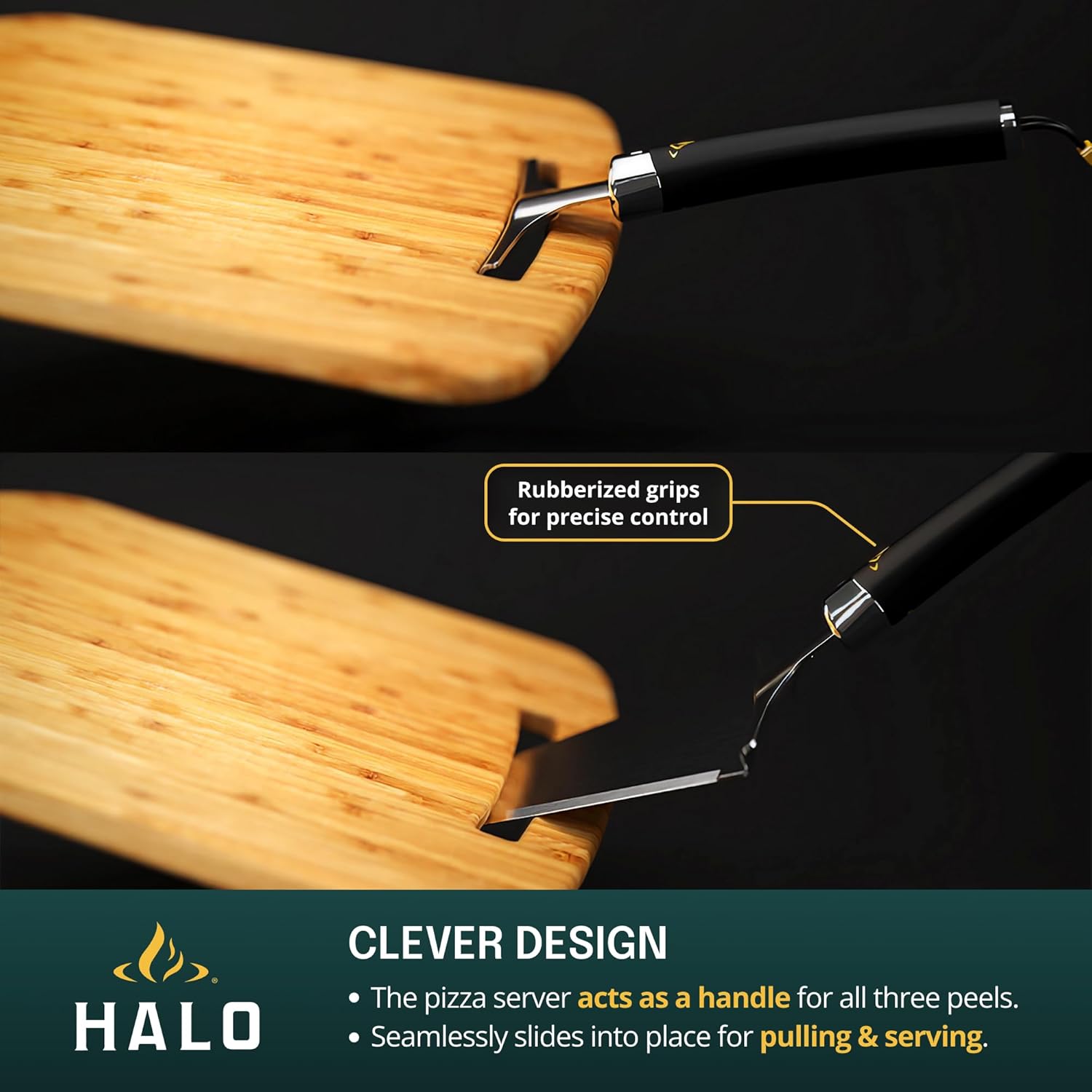 HALO 6-Piece Cook & Serve Pizza Kit | Cutter, Tongs, 14” & 16” Bamboo Cutting Boards, Stainless Steel Peel, Slice Server | Premium Materials & Build Quality | HZ-3022