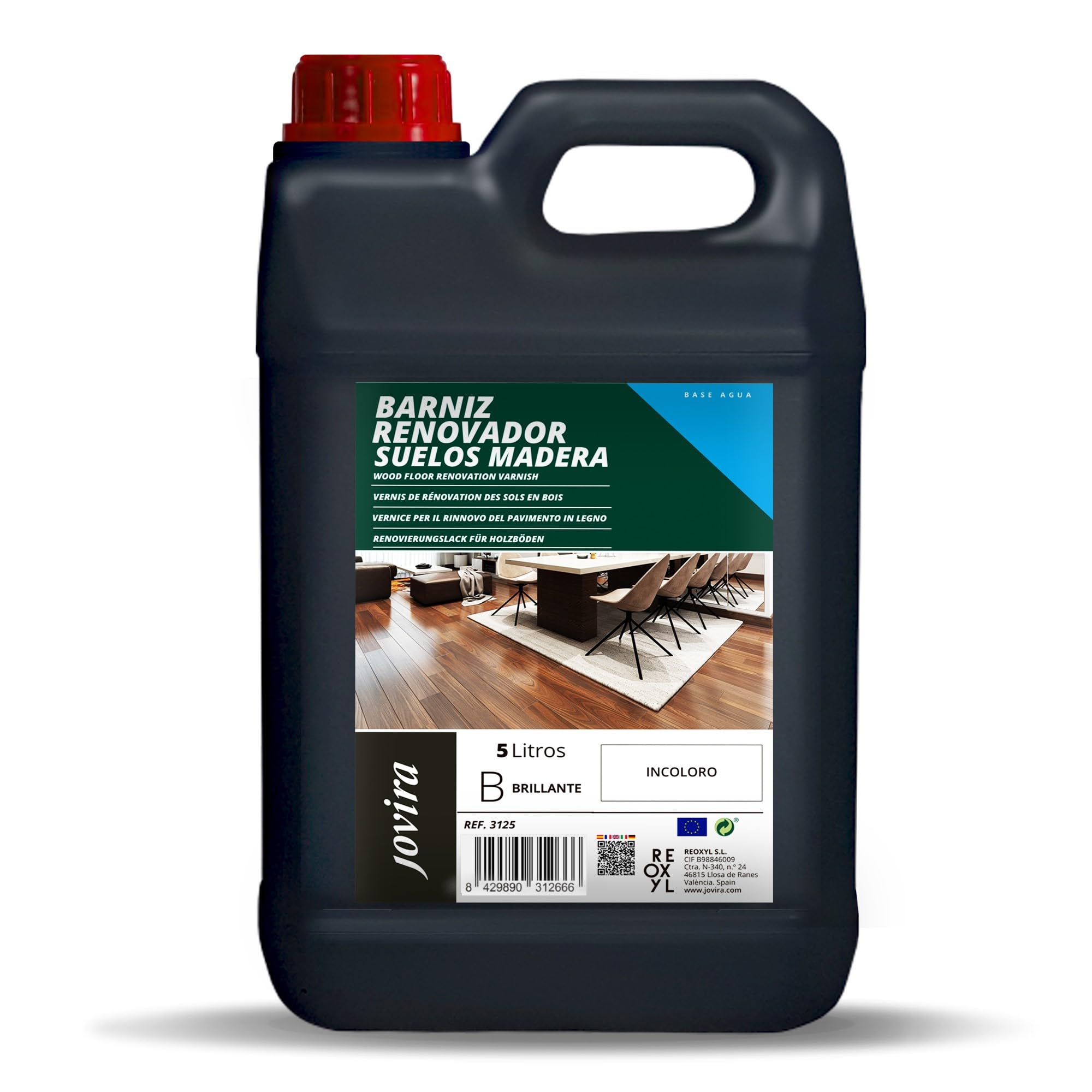 JOVIRA PINTURAS Barniz Renovador Protector para Suelos Laminados, Parquet y Madera – Decora, Protege y Disimula Arañazos – Resistente a Manchas y Desgaste. (5 Litros, Brillante) F-99C