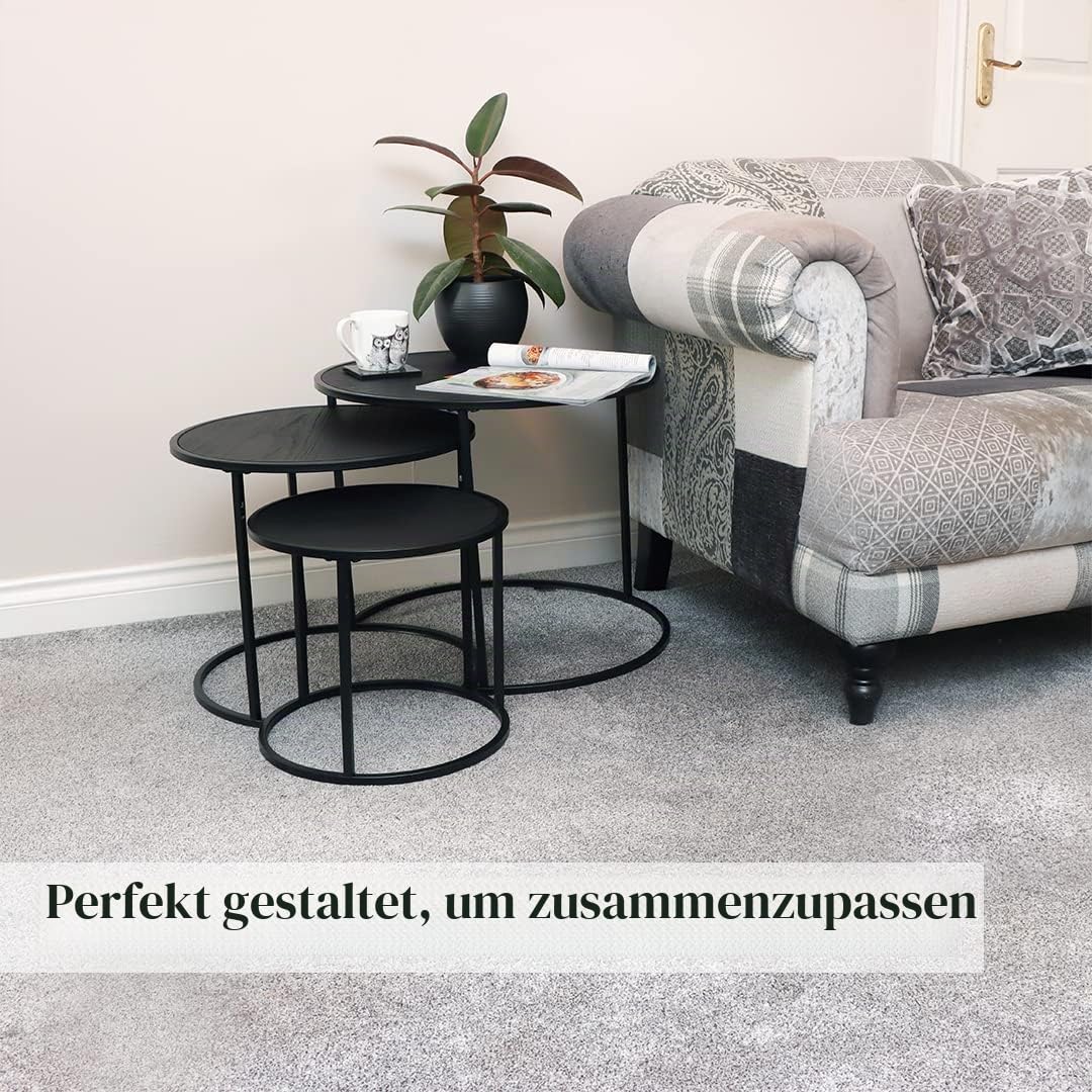 DIVCHI Runde Nesting 3er Set, Moderne Holzoptik mit Metall Schwarz Sockel, Couchtisch Beistelltische für kleine Räume, Nachttisch Nachttisch für Wohnzimmer, Schlafzimmer, Balkon
