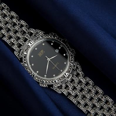 Men Thai 925 Sterling Silver Marcasite Luxury Wrist Watches (Black 21CM)