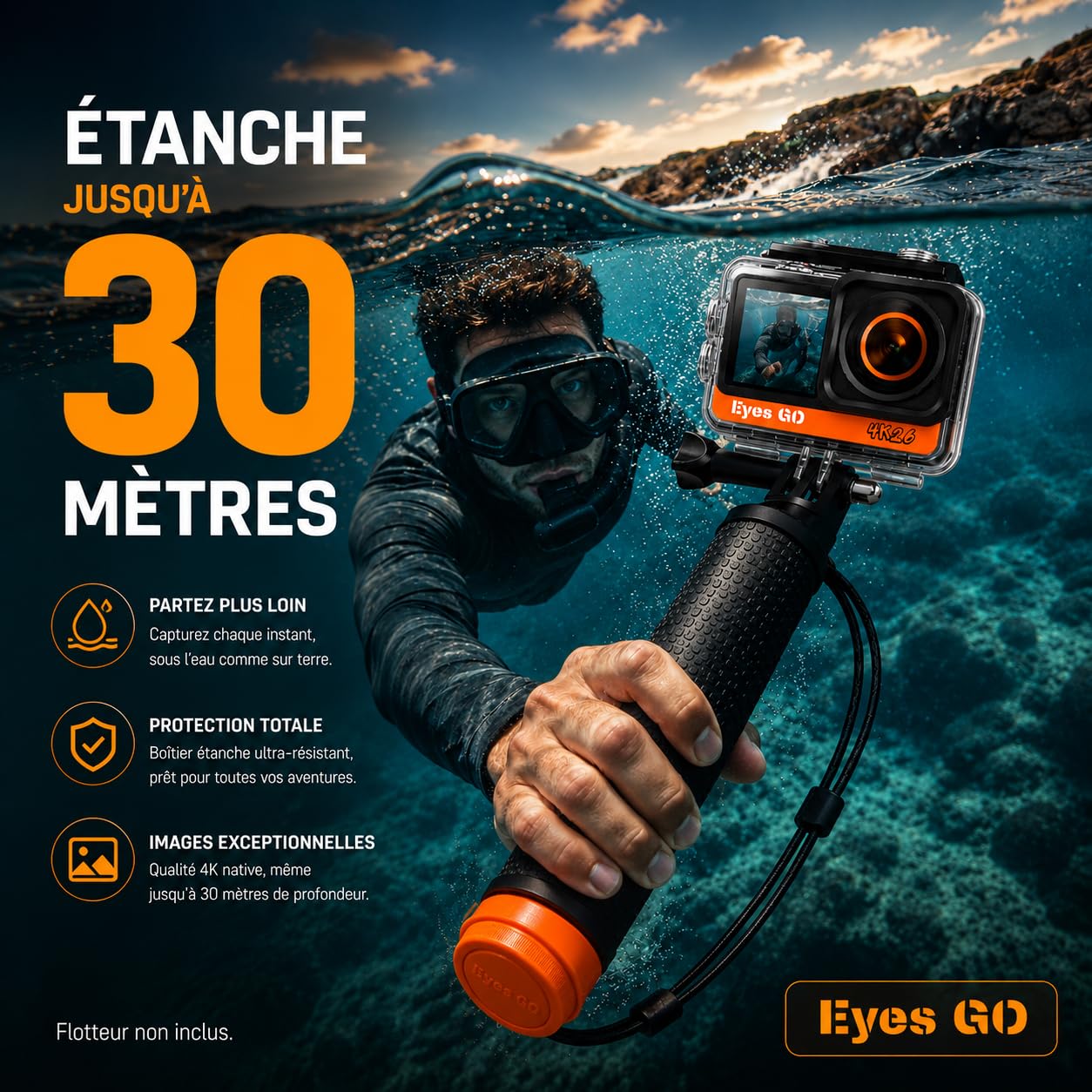 4K26 - Caméra Sport 4K30fps - 20 Accessoires - Photo 16MP - 2 Ecrans Tactile Vlog - Télécommande - Stabilisateur E.I.S 2.0 - Étanche 30M - 5 Heures d'autonomie
