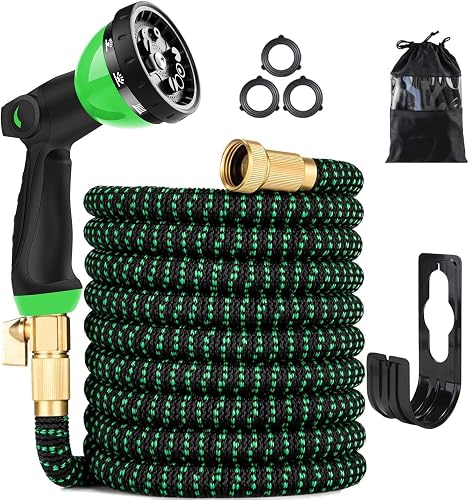 100 ft Expandable Garden Hose - Kink Free Flexible Water Hose with Thumb-Controlled 10-Function Nozzle, 3/4 Solid Connectors, Durable 3750D Fabric, 4-Layer Latex Core