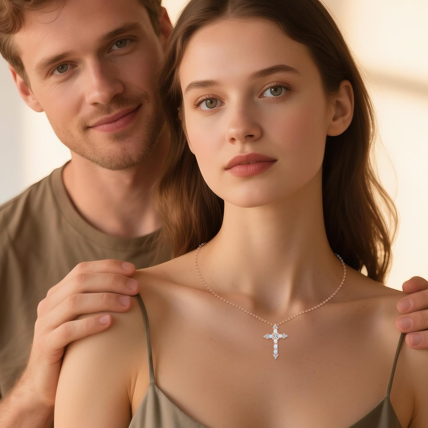 14k Gold Plated Opal Cross Necklace For Women, Opal & Moissanite Cross Pendant In Sterling Silver, Christian Jewelry Gift, 18" + 2" Inches - Image 5