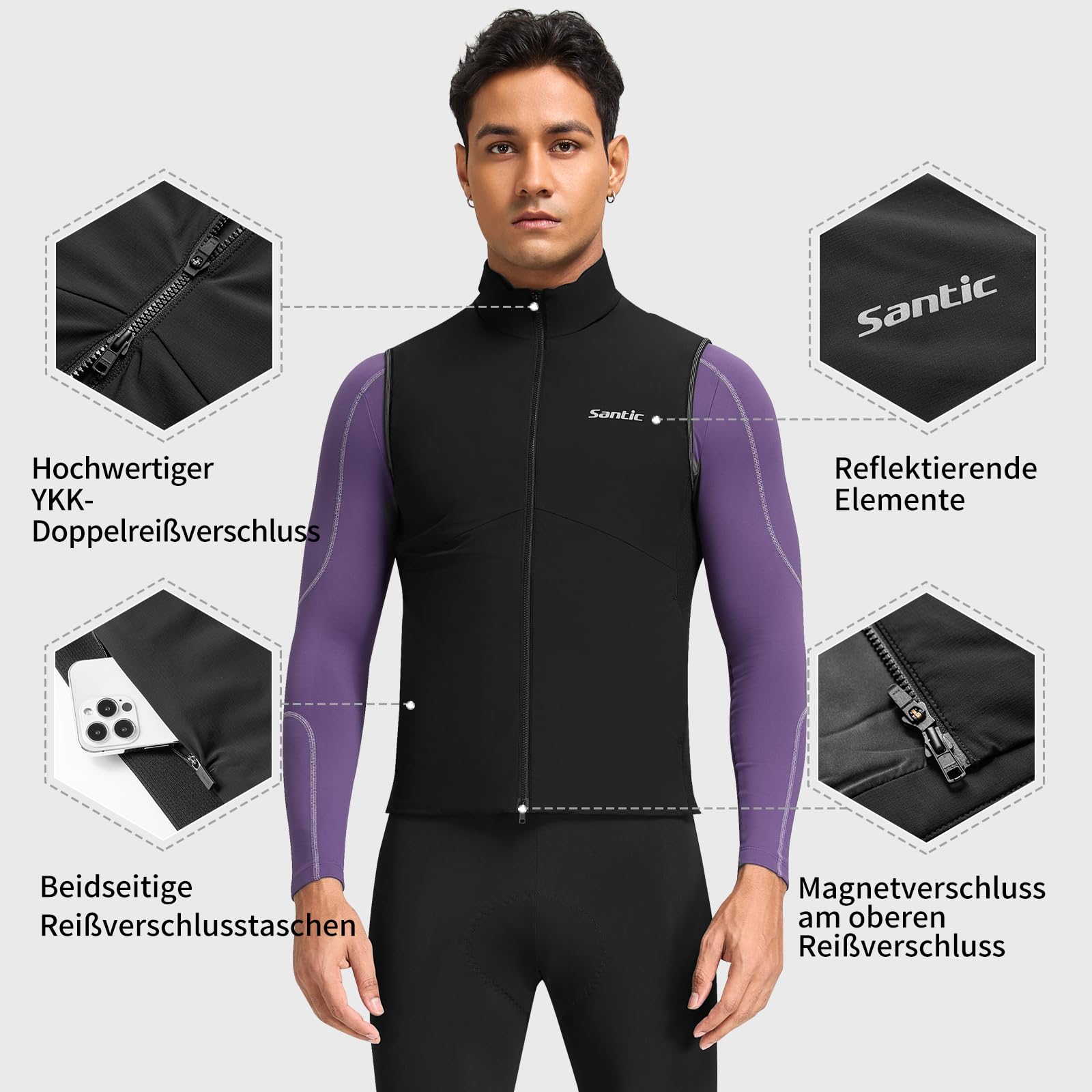 Santic Fahrradweste Herren Damen Thermo Laufweste ärmellos Windweste Winterweste