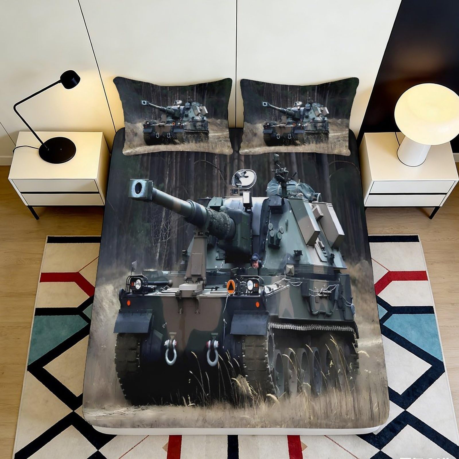3D Printed Military Tank Fitted Sheet Microfiber Durable 3D Camouflage Bed Cover for Bedroom Dormitory Guest Room Mattress Protection 200x200x25cm