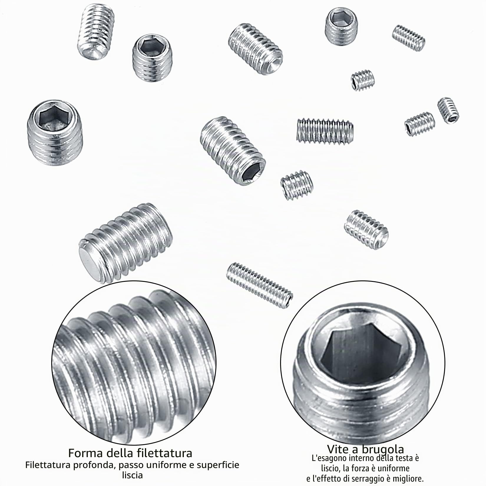 300 Pezzi Viti Senza Testa Kit, M2.5/M3/M4/M5/M6/M8 Vite Grani Filettati, Viti a Esagono Esagonali Incassato Maniglie Porte, Rubinetto, con Brugola Esagonale Fissaggio Kit - Argento
