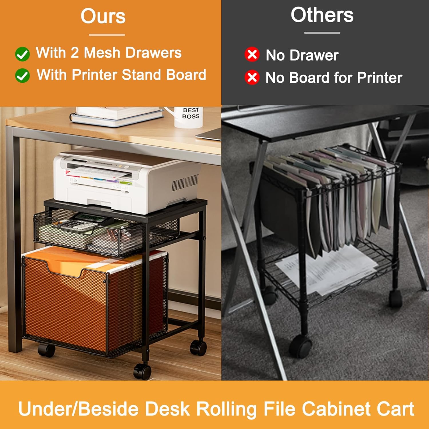 Rolling File Cabinet Cart, Printer Stand with Storage Drawer, Mobile Filing Cabinet on Lockable Wheel, Printer Cart with Hanging File Folder Organizer Beside Under Desk for Office Home(Patent Pending) - Image 7