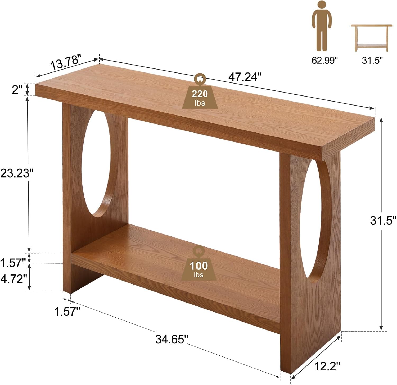 BECHAEO Modern Console Tables for Entryway, 47‘’ Narrow Console Table with Thickened Tabletop & Stable Base, 2-Tier Rectangular Sofa Table Behind Couch, for Living Room, Hallway