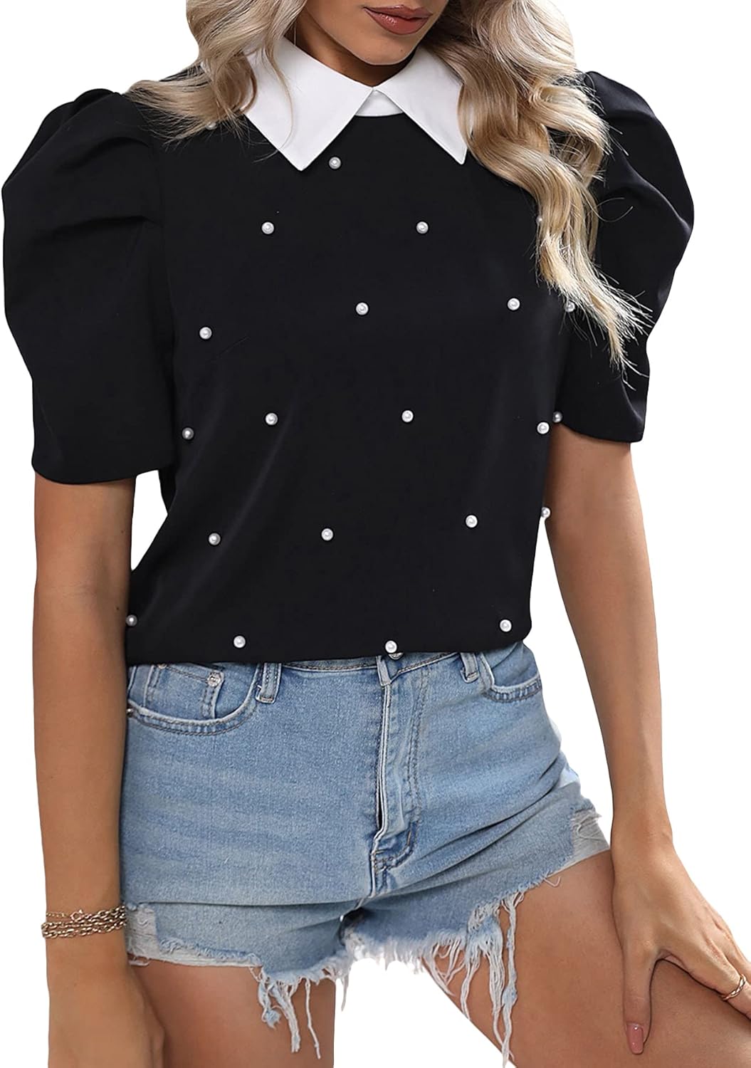 OYOANGLE Women's Casul Puff Short Sleeve Collar Work Blouse Top Shirts