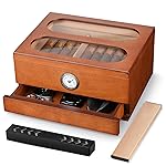 COOL KNIGHT Cigar Humidor with Front Hygrometer, Humidifier and Accessory Drawers-Tempered Glass Top Cigar Humidor Box - Spanish Cedar Humidor-Desktop Humidor That can Hold 20-35 Cigars.