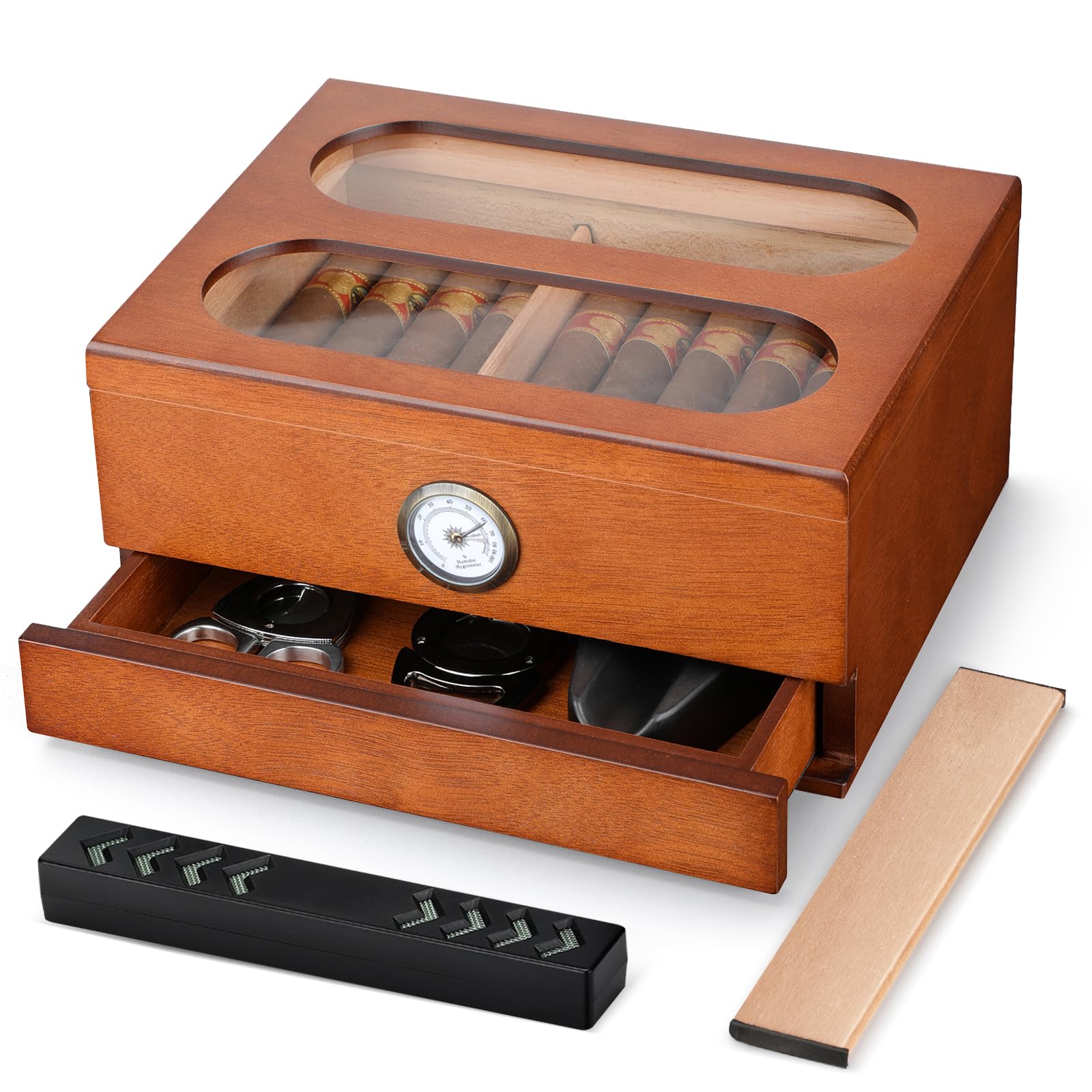COOL KNIGHT Cigar Humidor with Front Hygrometer, Humidifier and Accessory Drawers-Tempered Glass Top Cigar Humidor Box - Spanish Cedar Humidor-Desktop Humidor That can Hold 20-35 Cigars.