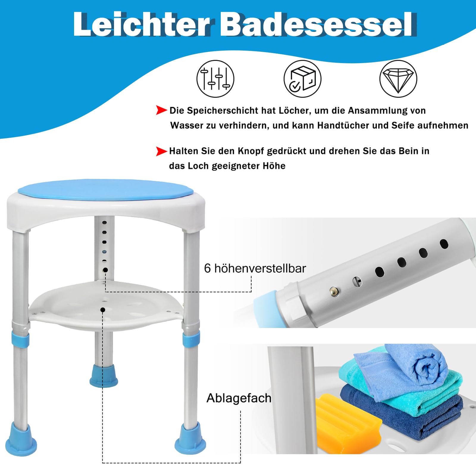 Aufun Silla de ducha giratoria 360°, taburete de baño y altura regulable de 45 a 57 cm, de aluminio y plástico, asiento de ducha con almohadilla antideslizante para los pies, para ancianos, niños y