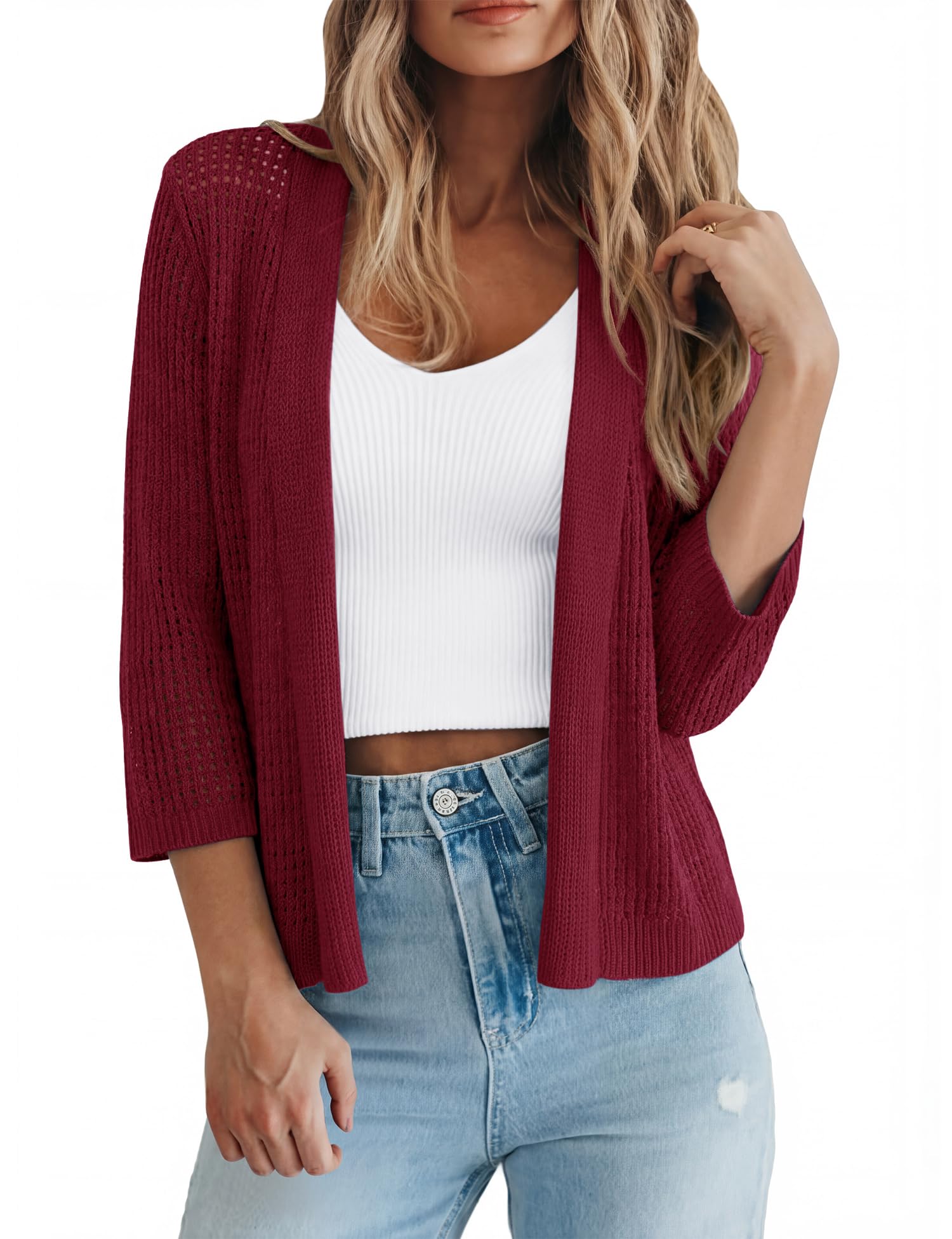 Kistore Bolero Damen 3/4 Arm Strickjacke Kurz Offen für Kleider Leichter Häkelstrick Cardigan für Hochzeit & Büro Weicher Kurzstrickjacke Shrug