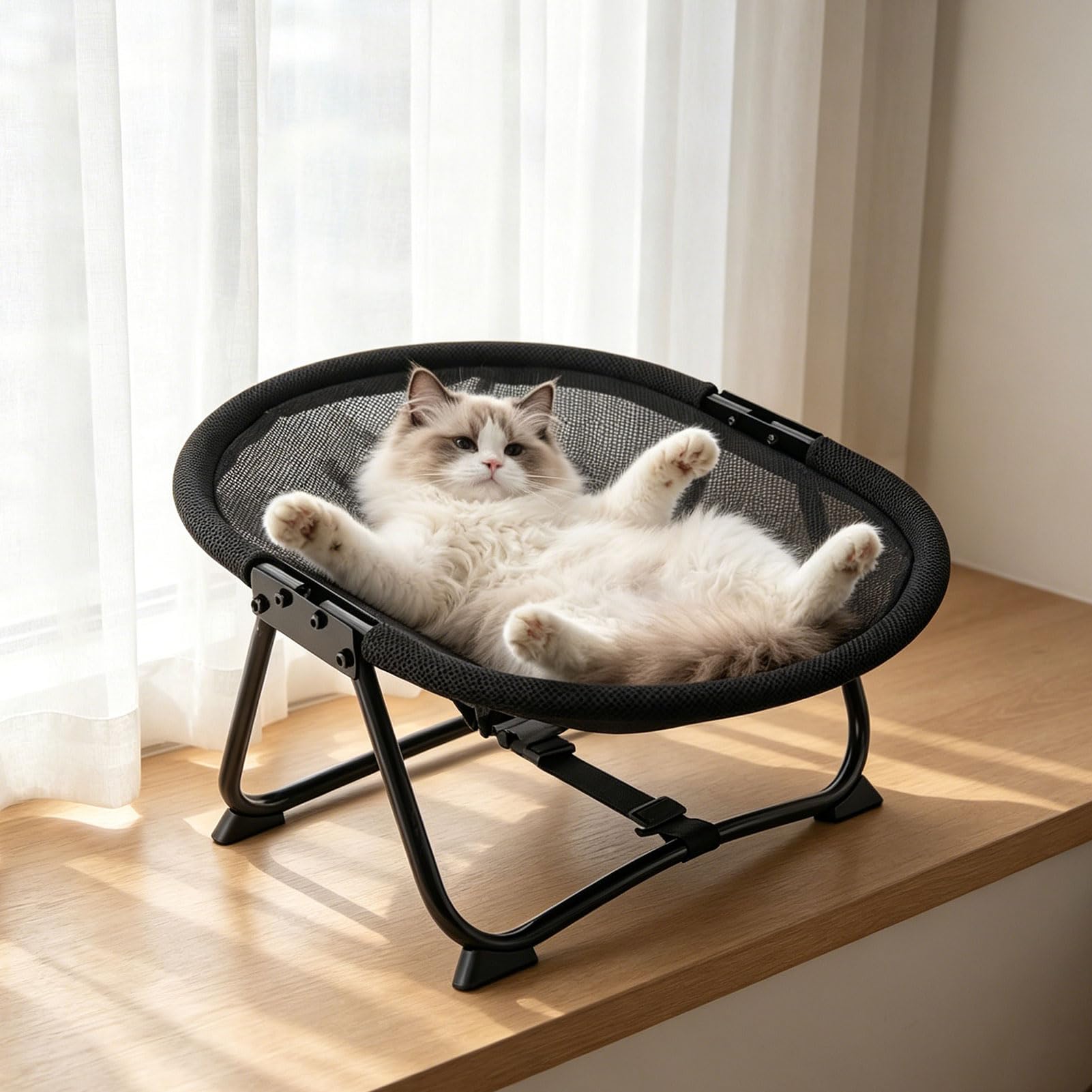 Katzenhängematte, Stehend Erhöhter Katzenhängesessel, Faltbar Katzenbett mit Metallrahmen, atmungsaktiver, Rutschfester Stoff, pflegeleicht, Katzen Hängematte für Innen Außenbereich