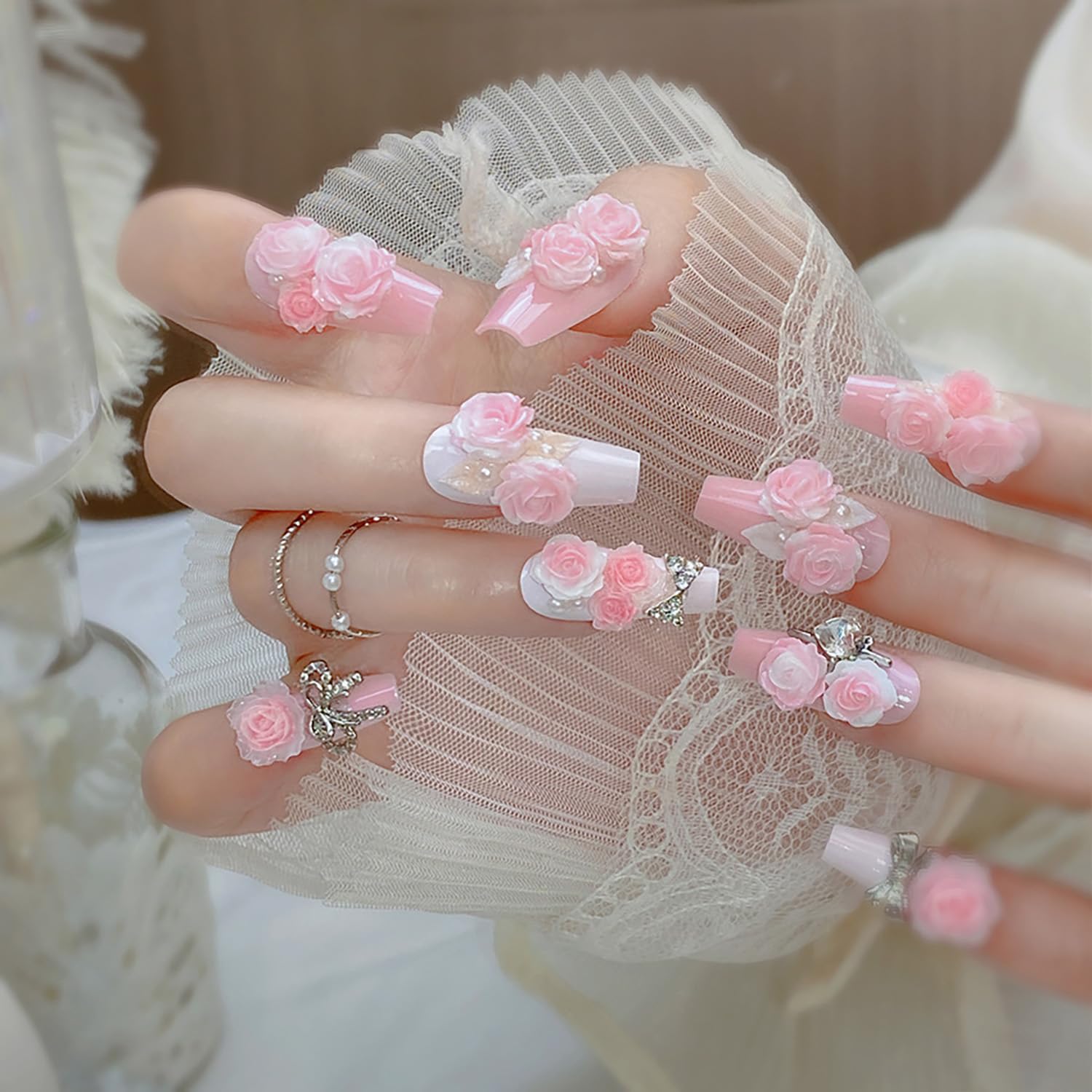 Press on Nails Square Medium Length Glossy Full Cover Acrylic Pink False Nails with Pink Floral Bow Designs Artificial Short Coffin Fake Nails with