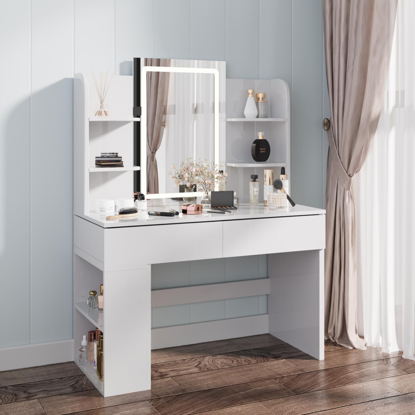 Coiffeuse VICCO Almina Avec LED – Blanche, 1 Tiroir, Miroir 143cm, Meuble Neuf
