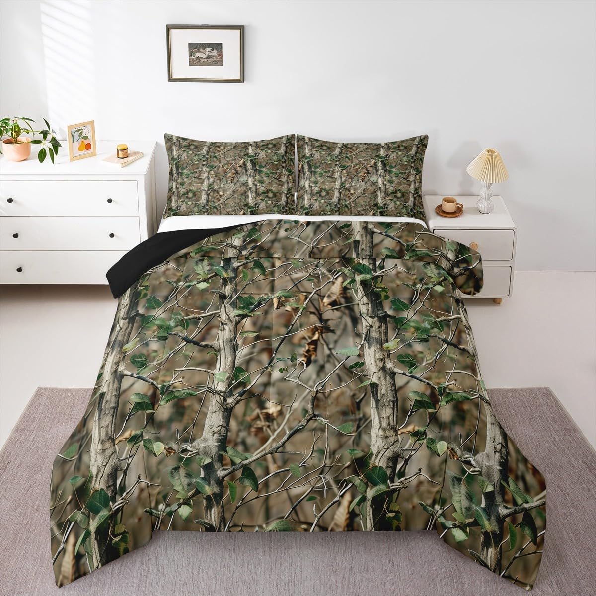 Tree Camo Comforter Set Queen Size Kids Green Tree Branches Bedding Set for Boys Girls Teens Wild Style Duvet Insert Breathable Nature Theme Quilt,1 Comforter with 2 Pillowcase