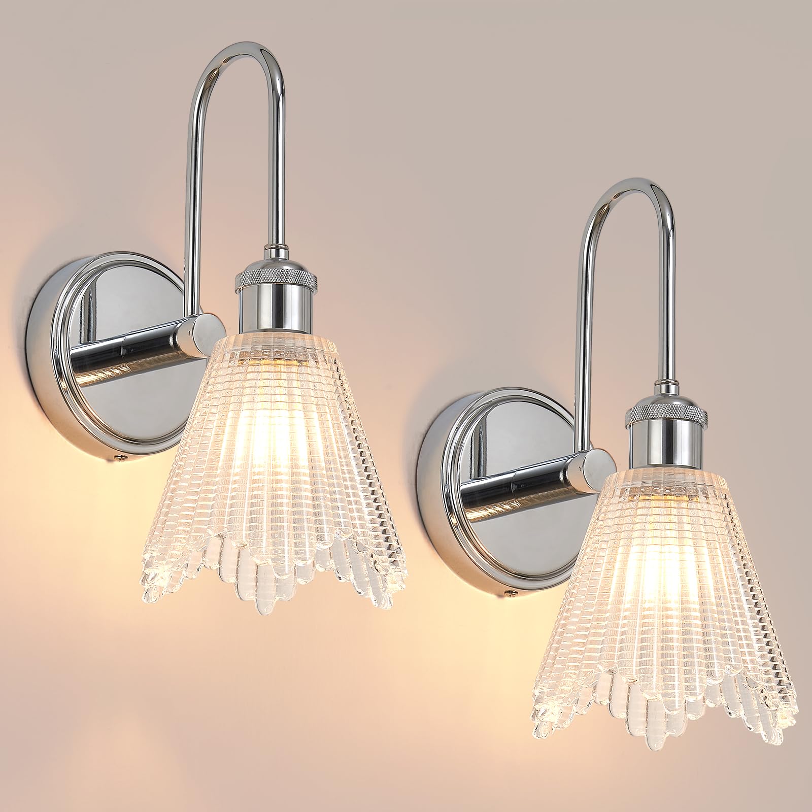 Vikdio Wall Sconce Set of 2, Chrome Vintage Light Fixtures with Long Clear Glass Lampshade, Hardwired Sconces Wall Lighting for Bedroom, Bathroom, Living Room | Includes 2 LED Bulbs