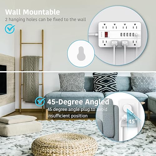 Miniatura 7 de Protector de sobretensiones con 6 puertos USB, cable de extensión AOFO de 5 pies, enchufe plano con 8 tomas ampliamente espaciadas, estación de