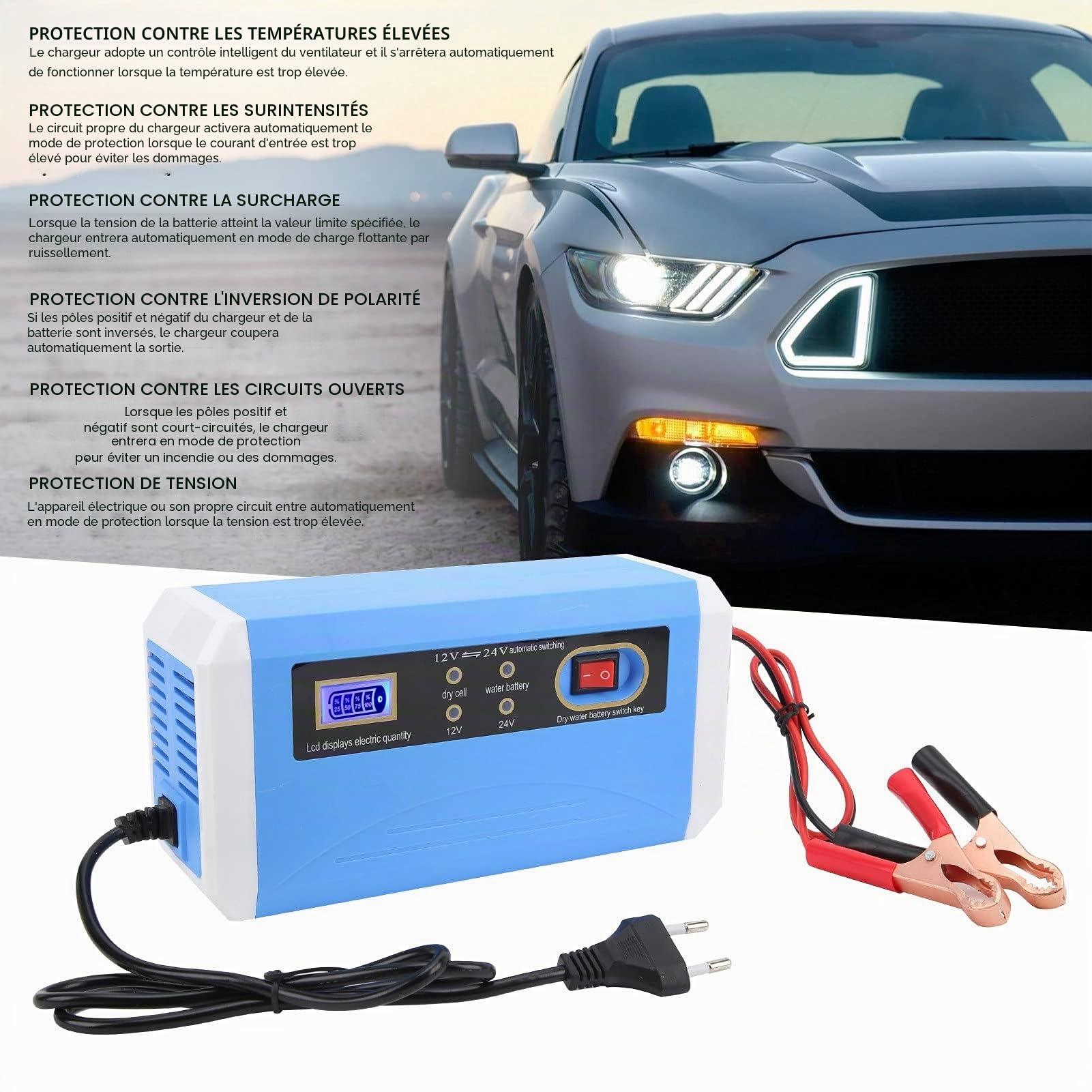 Chargeur de Batterie de Voiture, 12V/24V (20Ah/200Ah) Automatique Intelligent Mainteneur Chargeur de Maintien pour Voiture Camion Moto Bateau Marine RV SUV (Réglementation européenne)