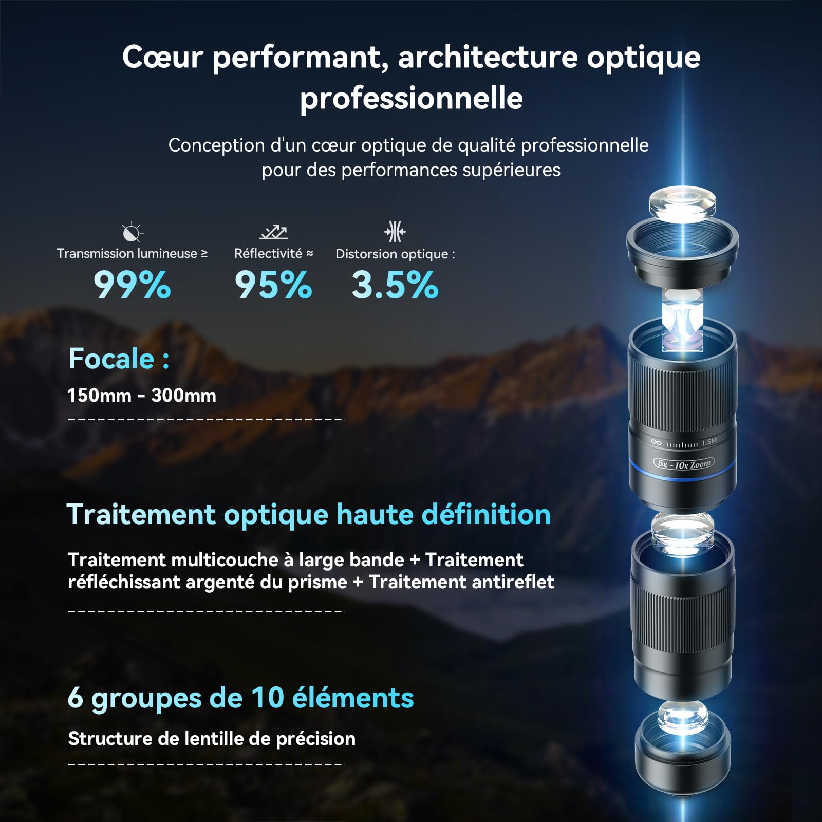 APEXEL Téléobjectif Compact Zoom 5x-10x pour Téléphones Portables avec Clip Universel, Objectif Téléobjectif Multicouches Adapté aux iPhone 17/16/15..., Samsung, Pixel et Autres Smartphones,Noir