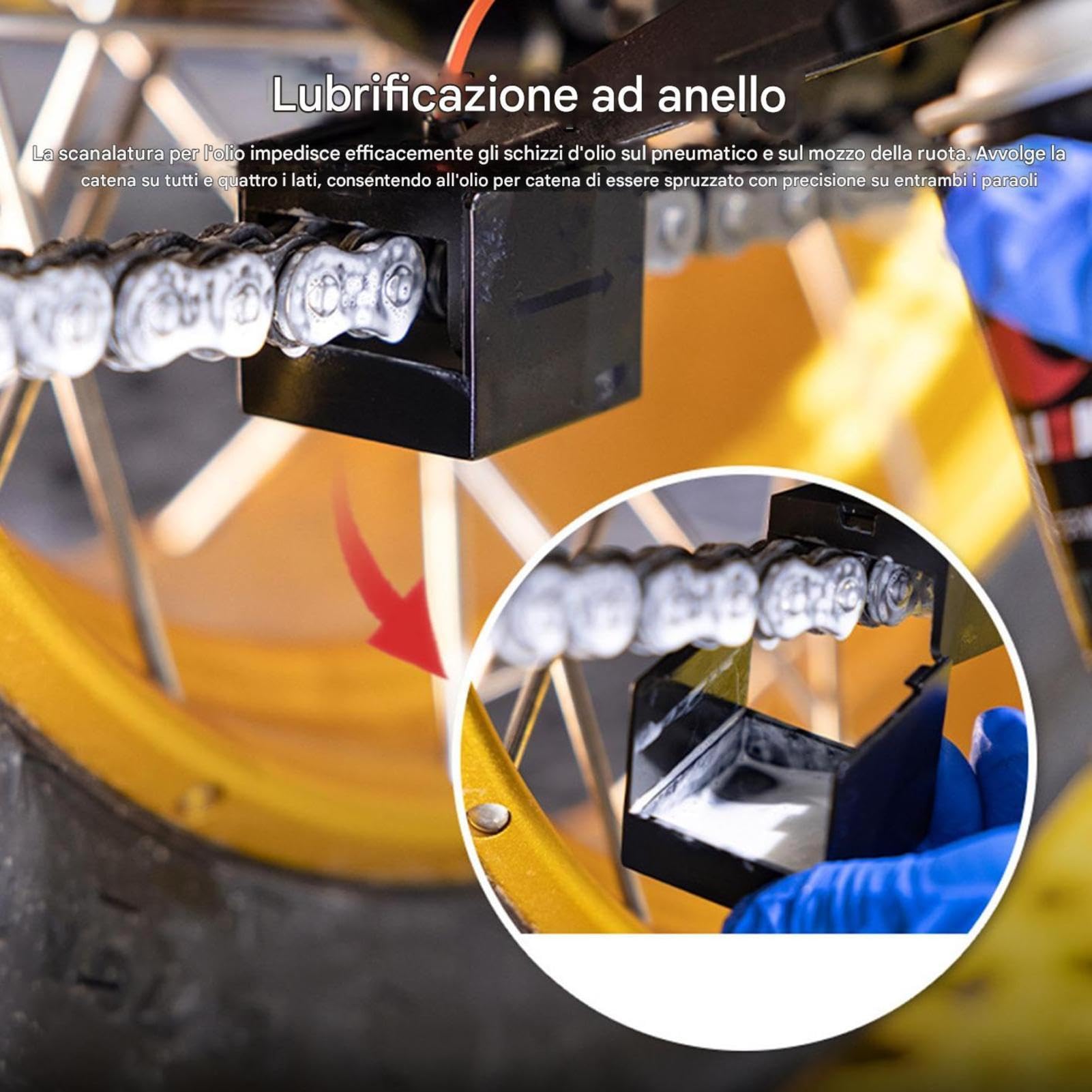 Engrasador de cadena para moto – Aplicador lubricante | Limpiador antisalpicaduras para cadena | Para bicicleta, ciclomotor, dos ruedas – Lubricación sin suciedad – Material policarbonato 18.5