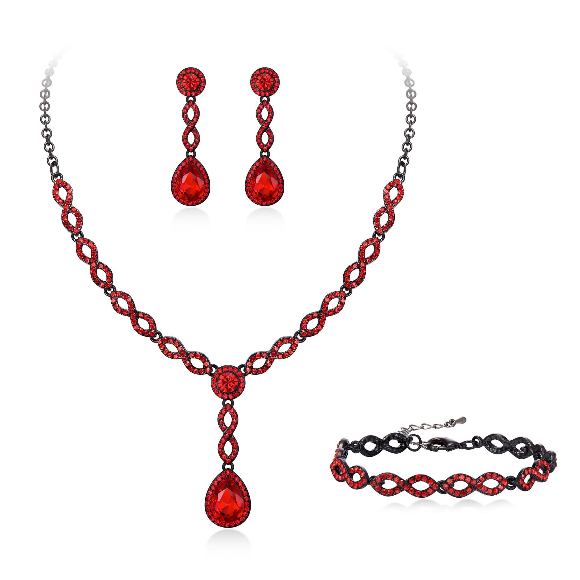 Crysdue Set di gioielli da donna a spirale con strass a forma di goccia, per matrimonio, splendido lampadario di cristallo, orecchini pendenti, bracciale e collana con ciondolo, set per feste di fine