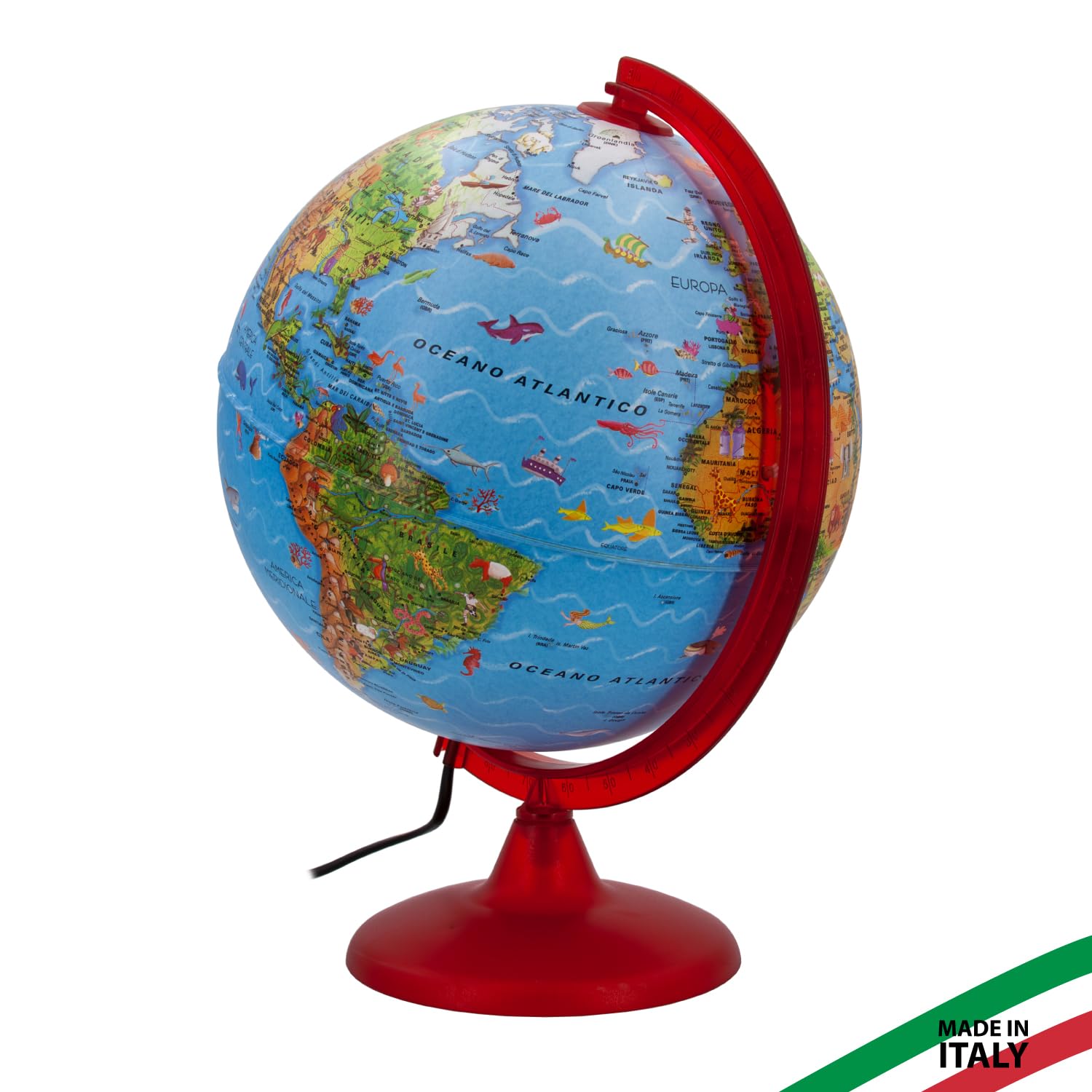 Tecnodidattica - Mappamondo ZOO | Globo mappamondo luminoso e girevole | Cartografia fisica con illustrazioni | Testi in italiano | Diametro 25 cm