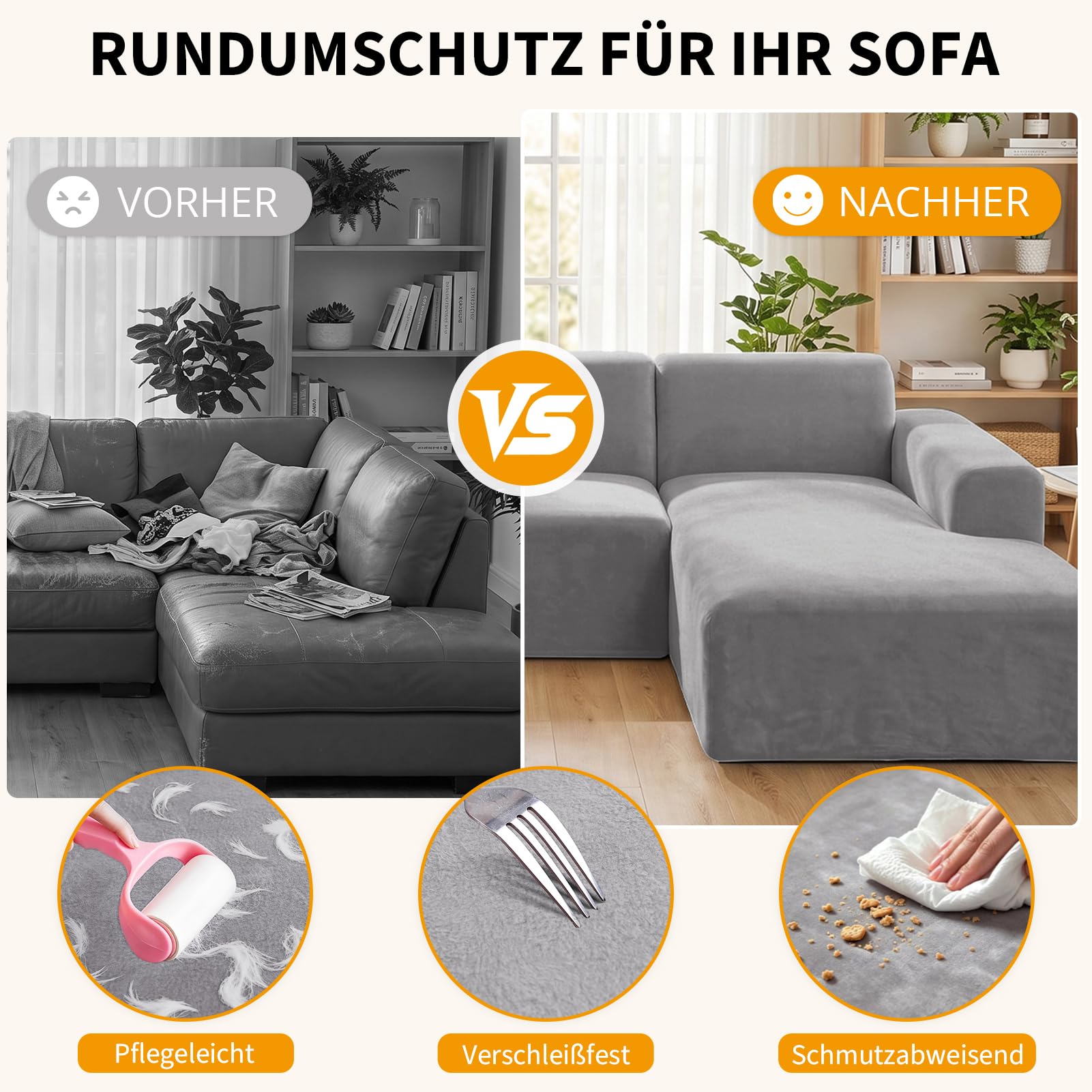 Samt Sofa Überzug 3 Sitzer, Stretch Couchbezug Silbergrau, 1 Stück | Dicker Plüsch Sofabezug, Elastisch, Superweich & Atmungsaktiv für Haustiere, Wohnzimmer (L-Form Ecksofa erfordert Zwei)