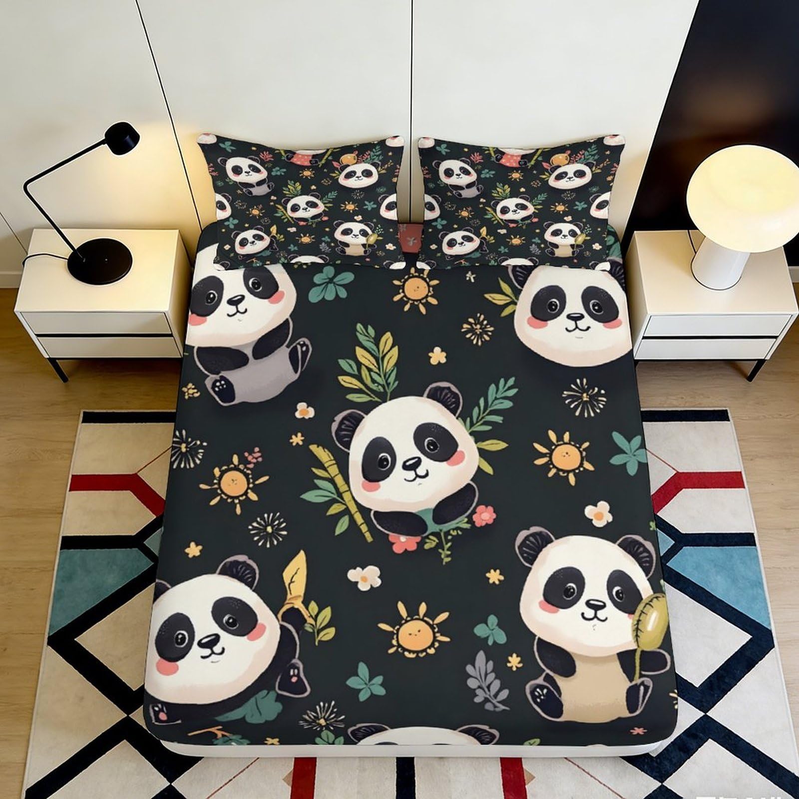 Jqzkxnhpbr Style-4 3D Printed Cute Panda Fitted Sheet Microfiber Soft Black Cartoon Sun Leaves Mattress Cover Bedroom Dorm Decoration 90X200x25cm