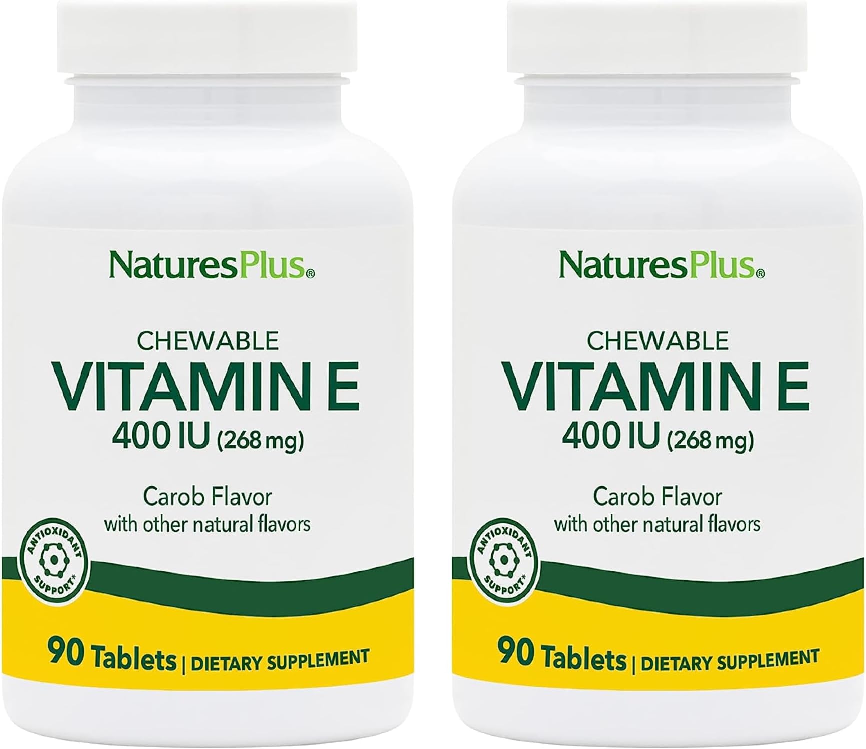 NaturesPlusVitamin E, Natural Carob Flavor - 90 Chewable Tablets, Pack of 2 - Free-Radical Defense & Overall Well-Being - Vegetarian, Gluten Free - 180 Total Servings