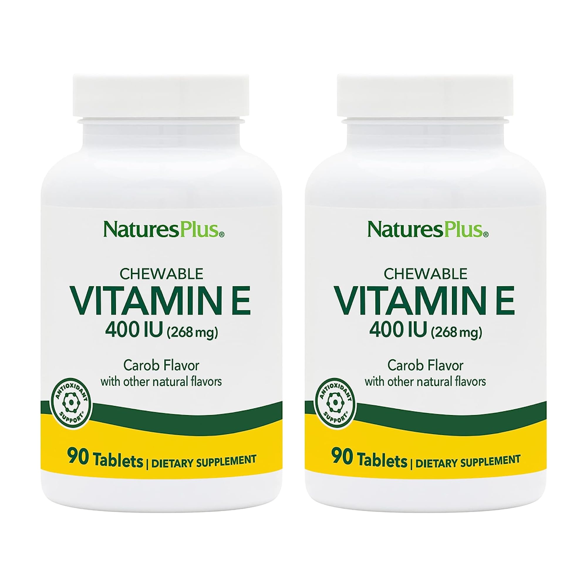 NaturesPlusVitamin E, Natural Carob Flavor - 90 Chewable Tablets, Pack of 2 - Free-Radical Defense & Overall Well-Being - Vegetarian, Gluten Free - 180 Total Servings