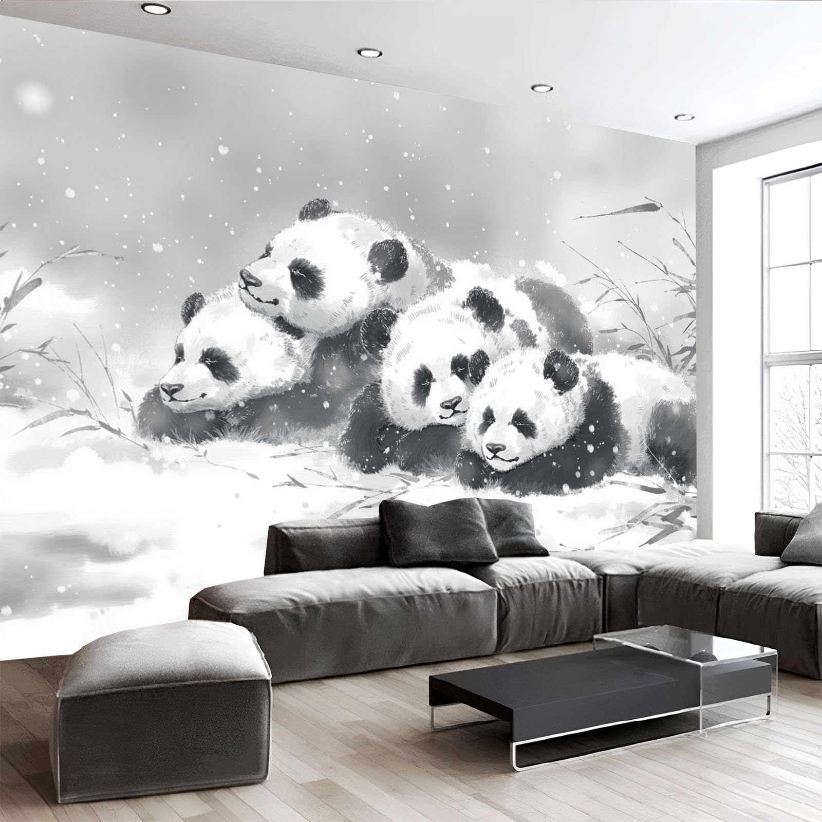 Papier peint panoramique panda noir et blanc tapisserie photo géante 3d fresque murale 450x315